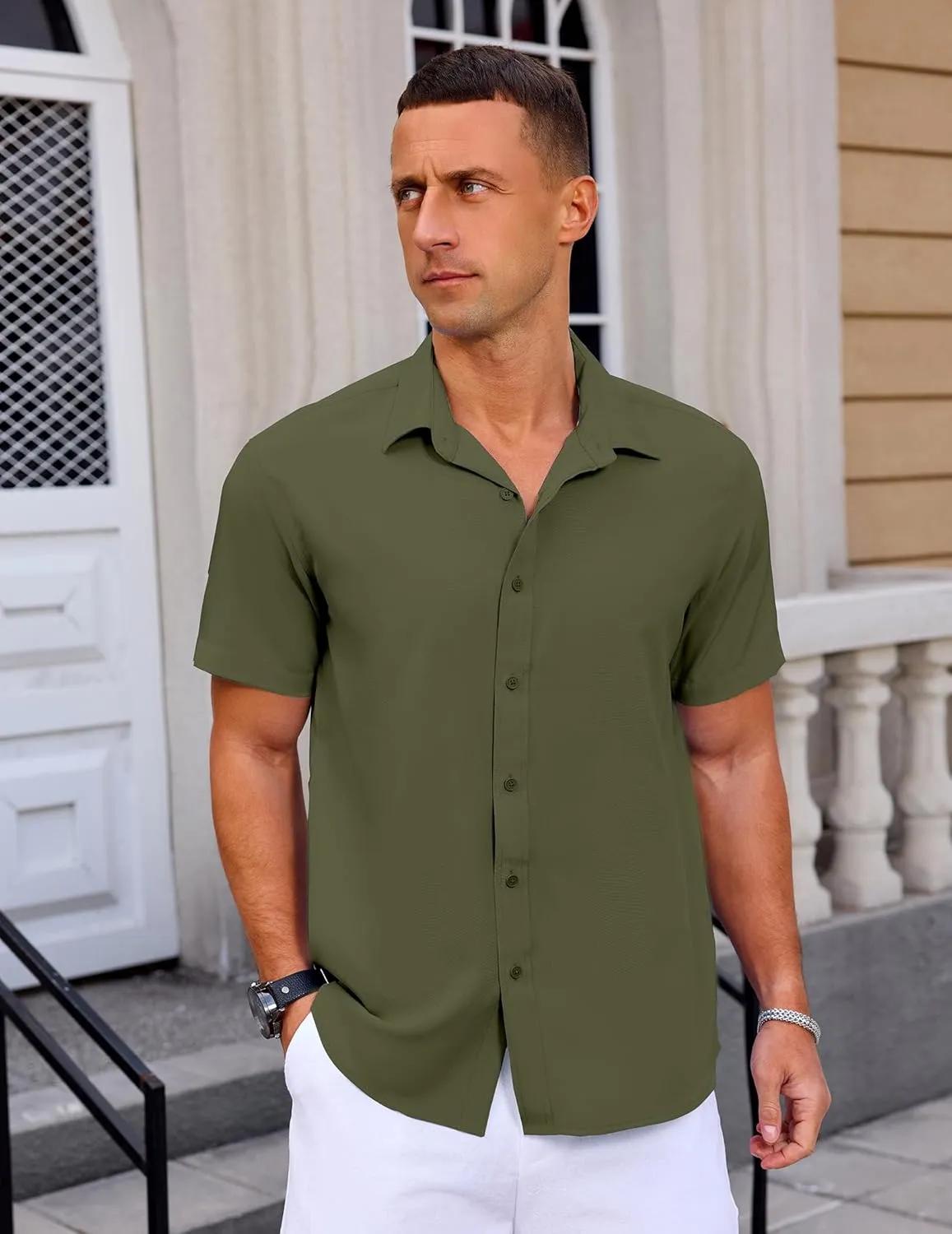 Mens Button Down Short Sleeve Shirt Casual Summer Wedding Untucked Dress Shirts