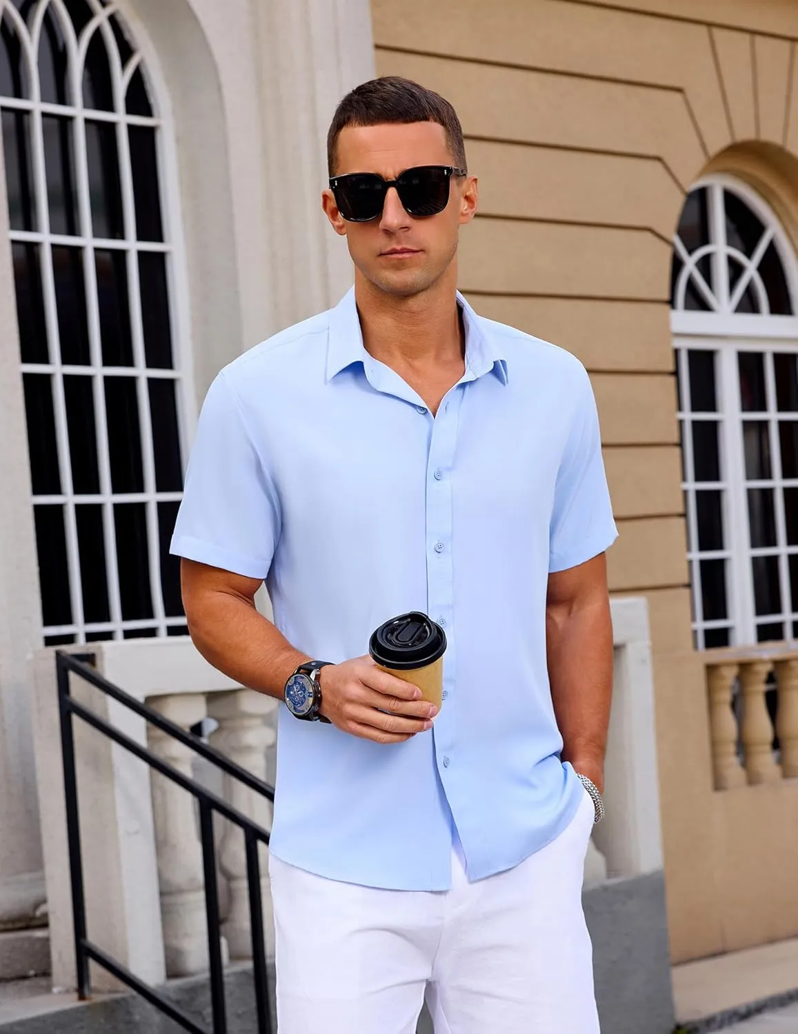 Mens Button Down Short Sleeve Shirt Casual Summer Wedding Untucked Dress Shirts