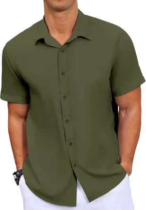 Mens Button Down Short Sleeve Shirt Casual Summer Wedding Untucked Dress Shirts