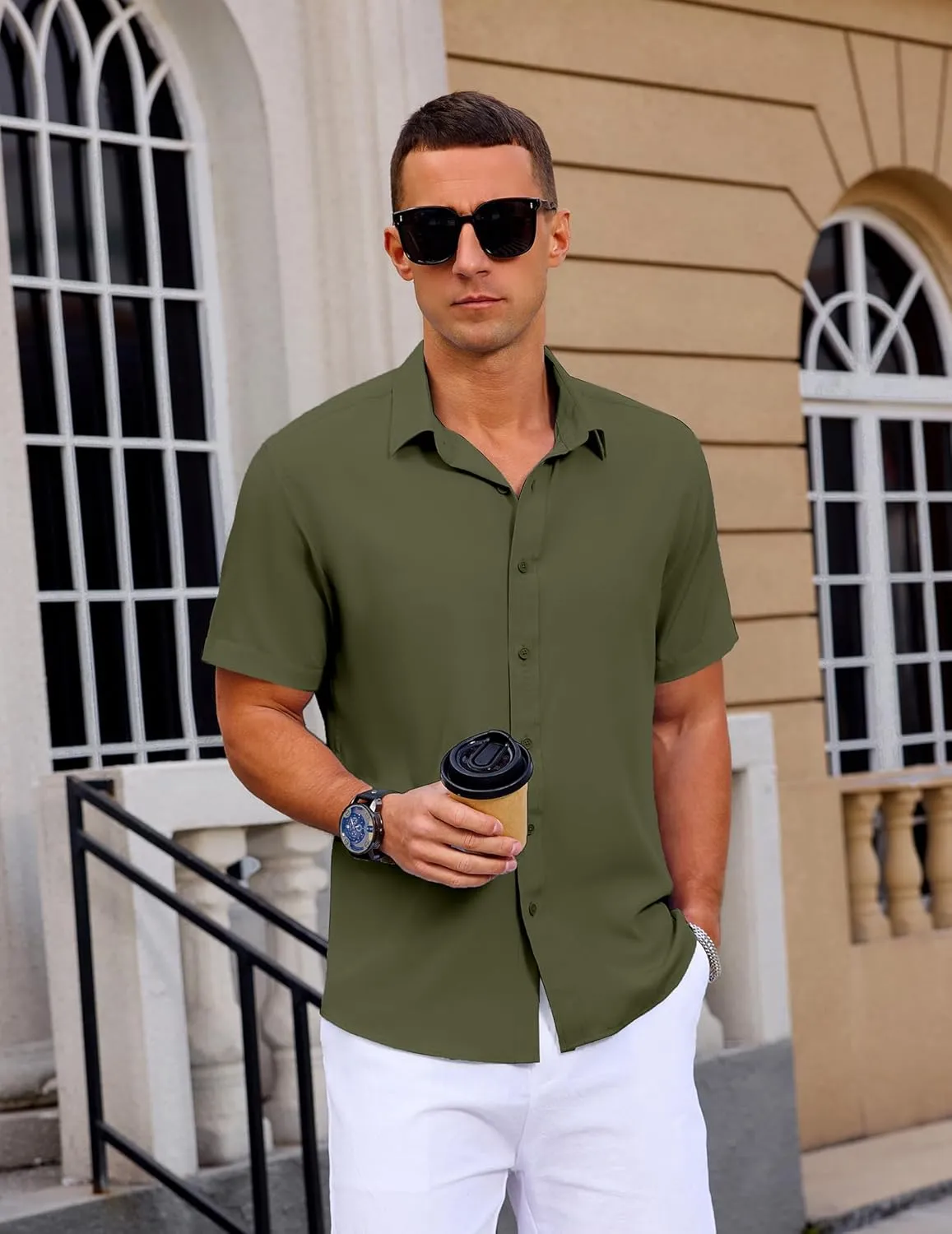 Mens Button Down Short Sleeve Shirt Casual Summer Wedding Untucked Dress Shirts