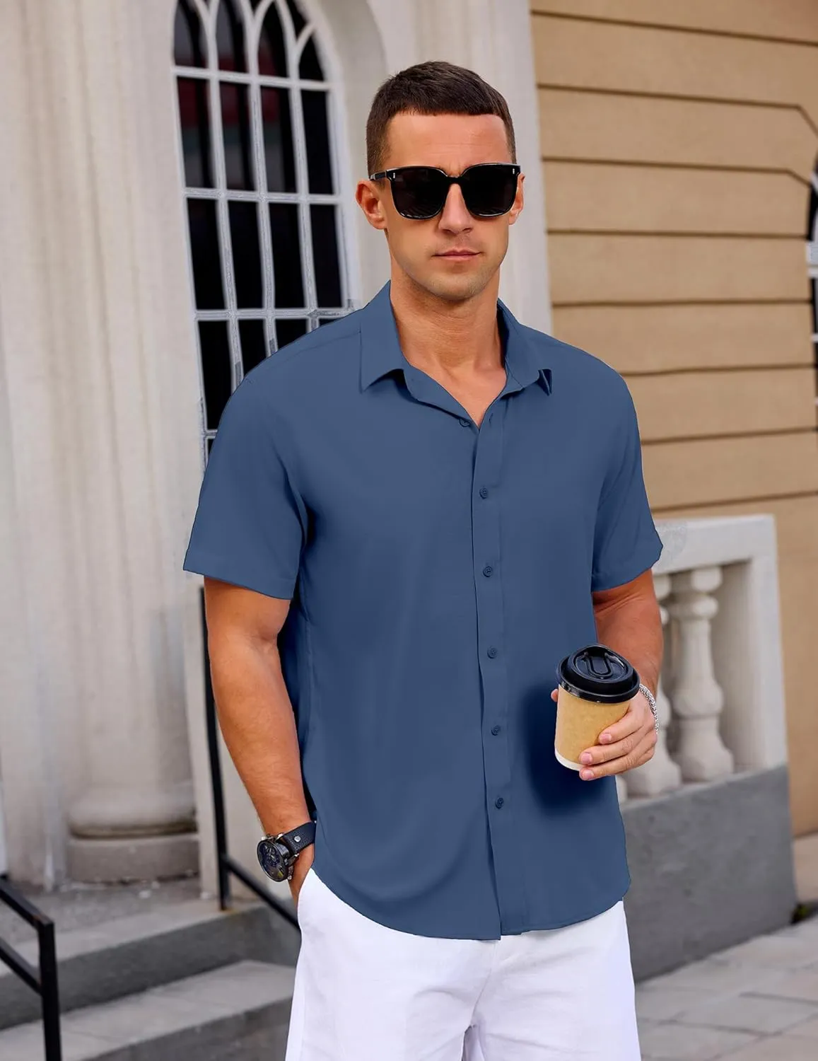 Mens Button Down Short Sleeve Shirt Casual Summer Wedding Untucked Dress Shirts