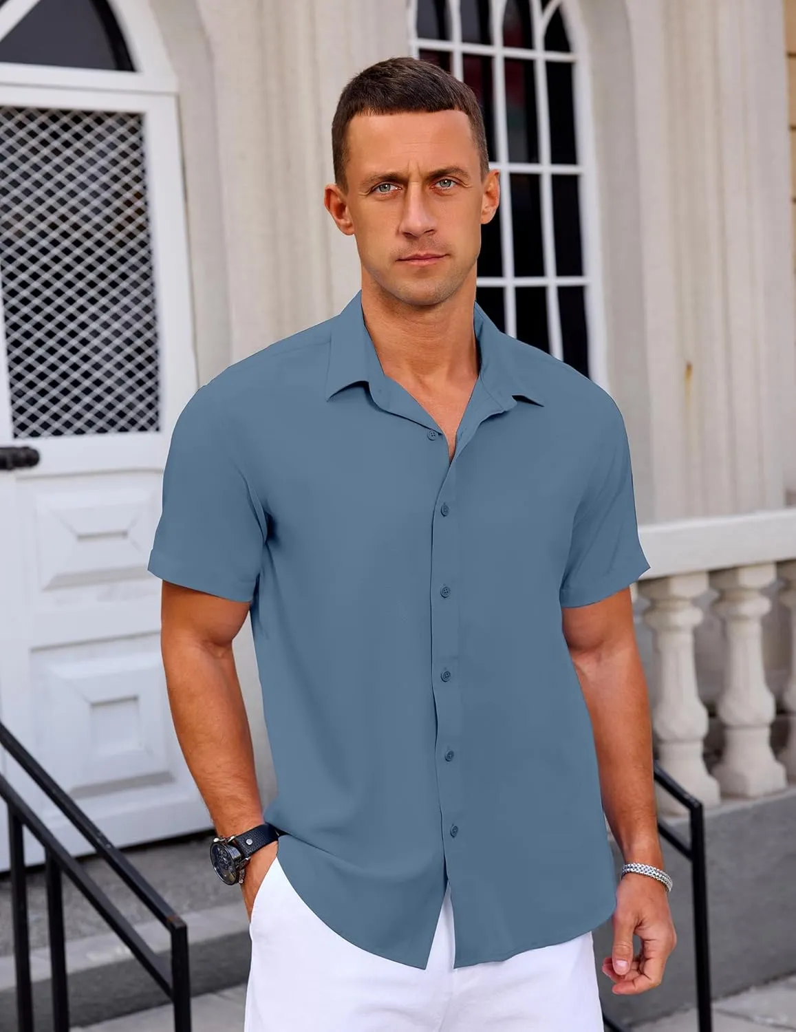 Mens Button Down Short Sleeve Shirt Casual Summer Wedding Untucked Dress Shirts