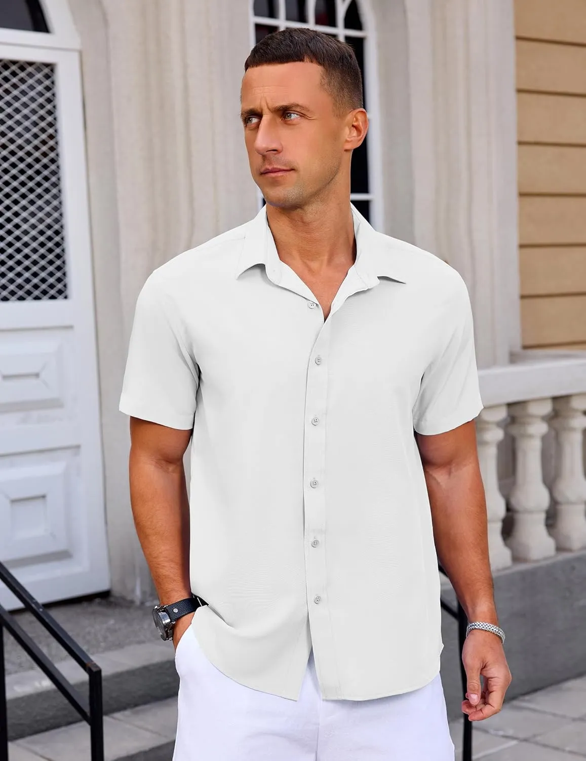 Mens Button Down Short Sleeve Shirt Casual Summer Wedding Untucked Dress Shirts