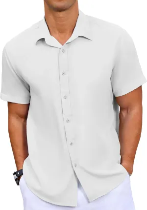 Mens Button Down Short Sleeve Shirt Casual Summer Wedding Untucked Dress Shirts