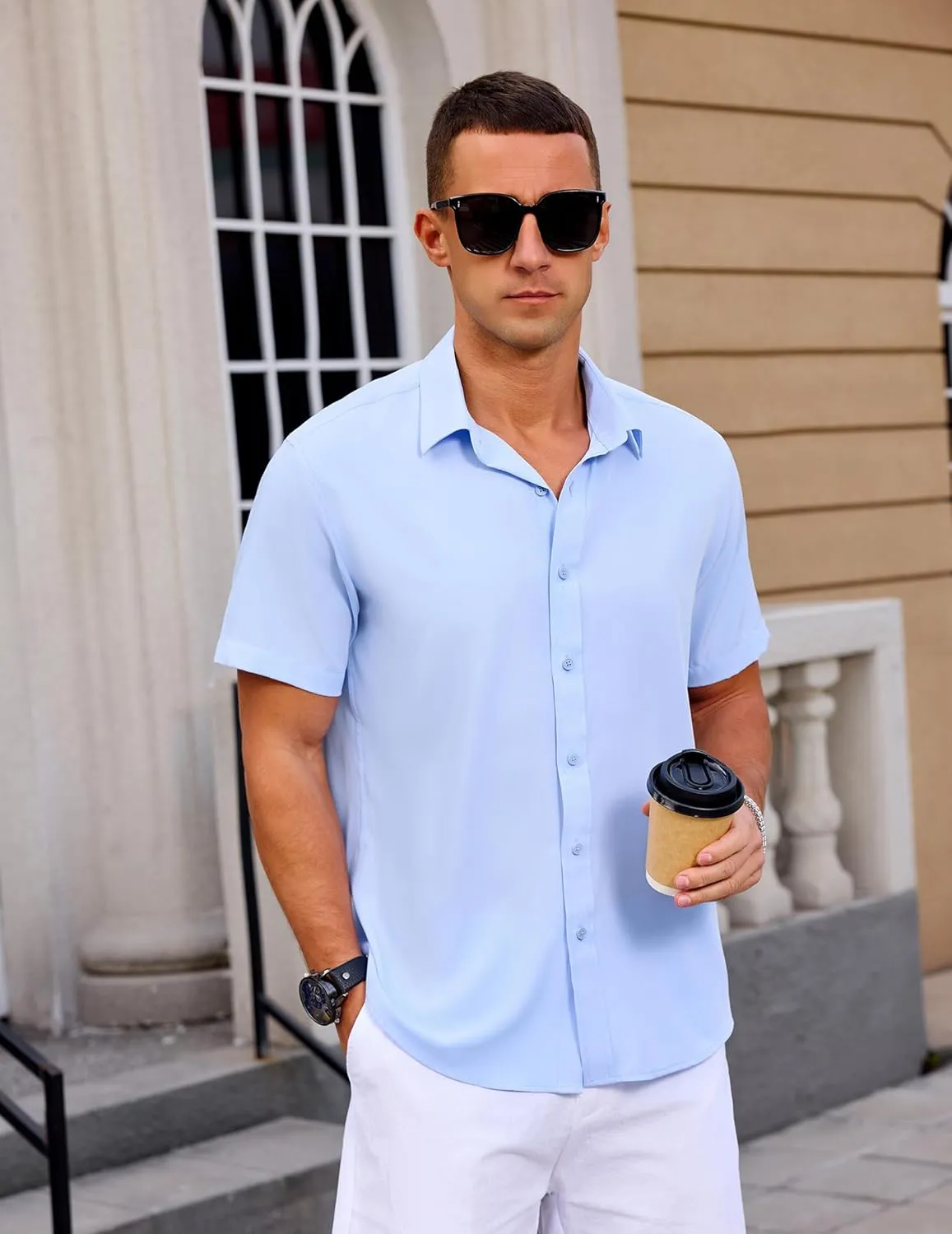 Mens Button Down Short Sleeve Shirt Casual Summer Wedding Untucked Dress Shirts
