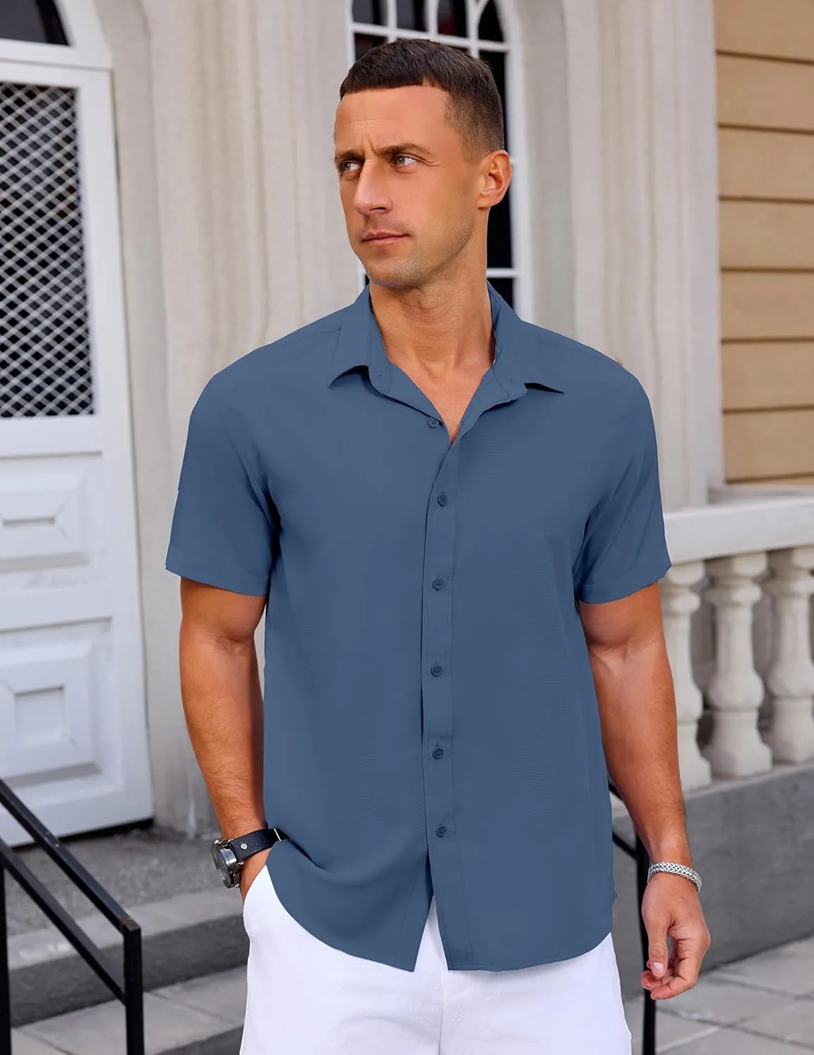 Mens Button Down Short Sleeve Shirt Casual Summer Wedding Untucked Dress Shirts