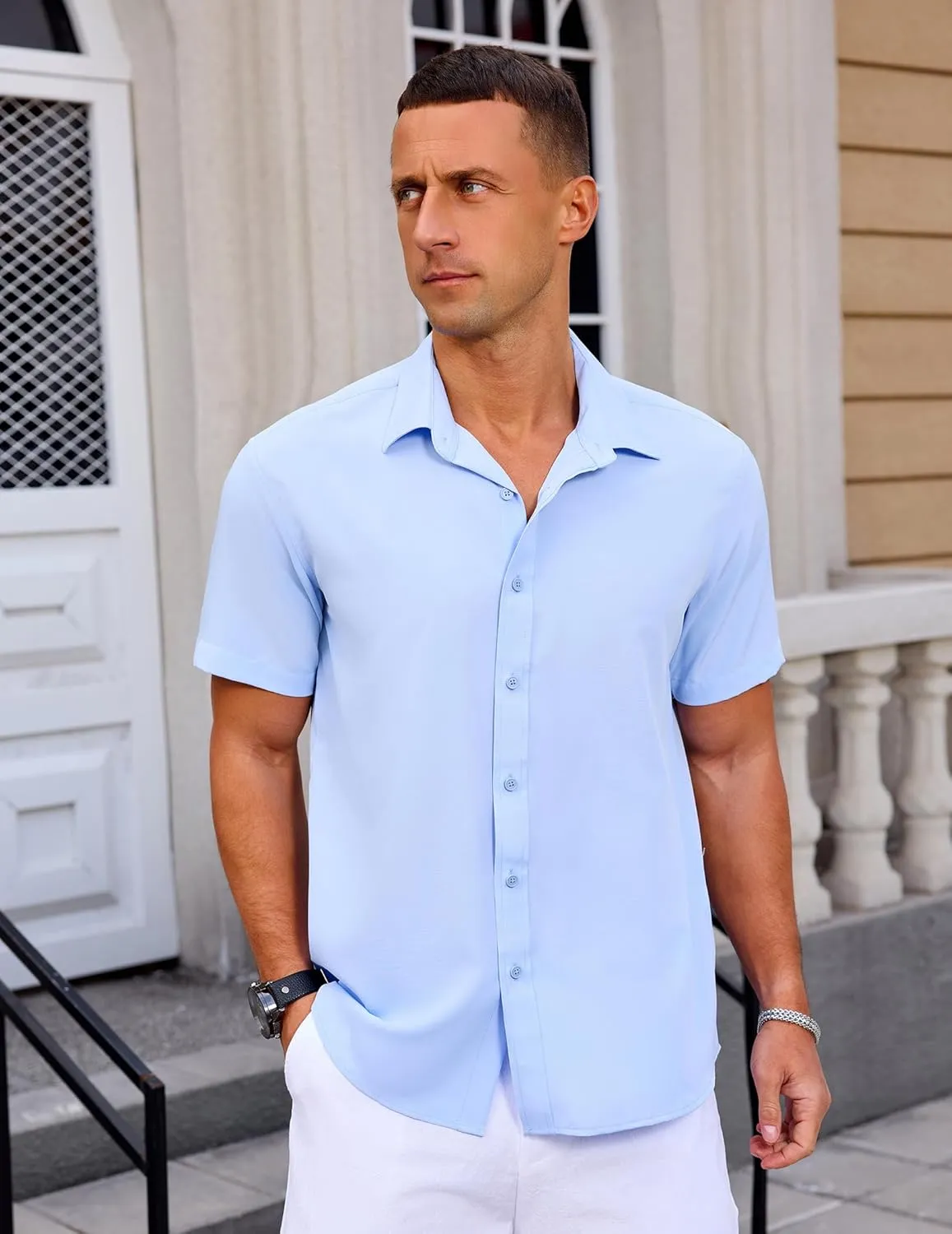 Mens Button Down Short Sleeve Shirt Casual Summer Wedding Untucked Dress Shirts