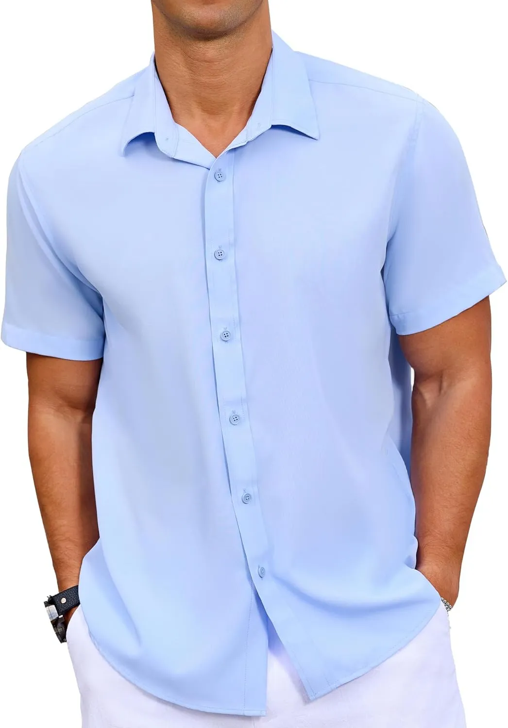 Mens Button Down Short Sleeve Shirt Casual Summer Wedding Untucked Dress Shirts
