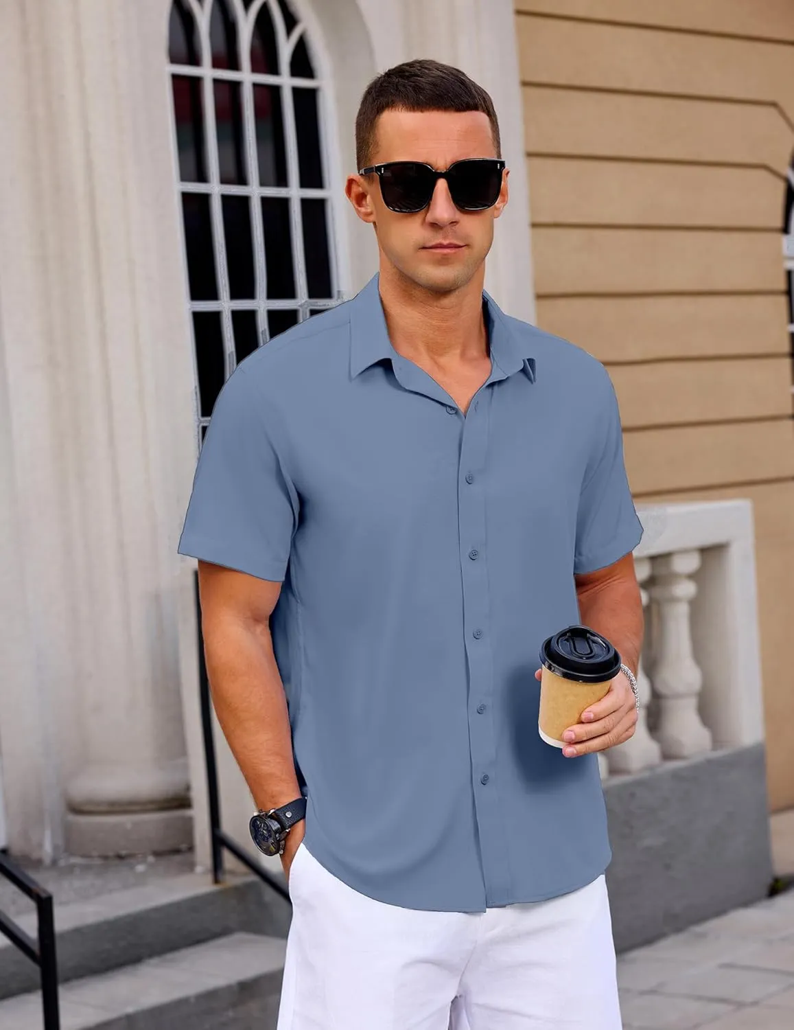 Mens Button Down Short Sleeve Shirt Casual Summer Wedding Untucked Dress Shirts