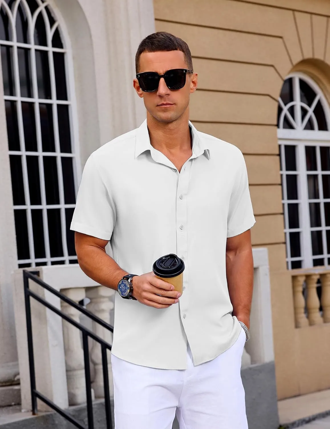 Mens Button Down Short Sleeve Shirt Casual Summer Wedding Untucked Dress Shirts