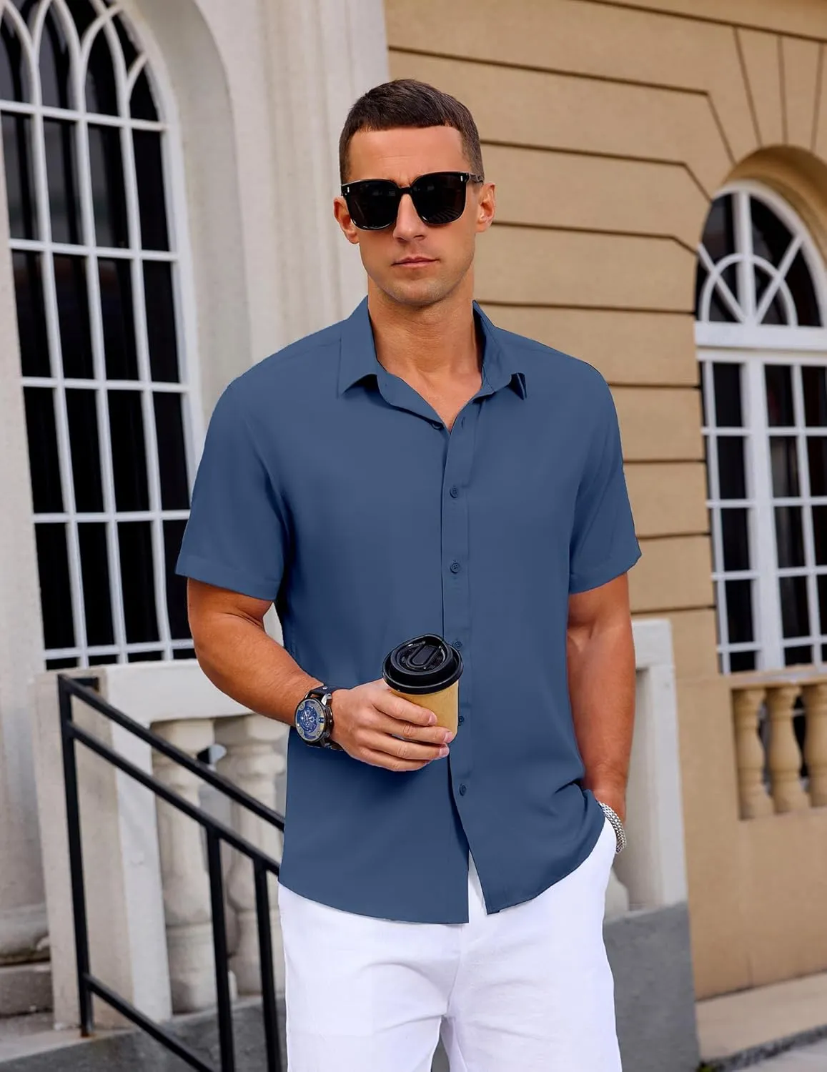 Mens Button Down Short Sleeve Shirt Casual Summer Wedding Untucked Dress Shirts