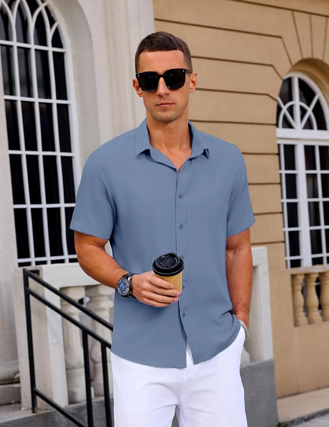Mens Button Down Short Sleeve Shirt Casual Summer Wedding Untucked Dress Shirts