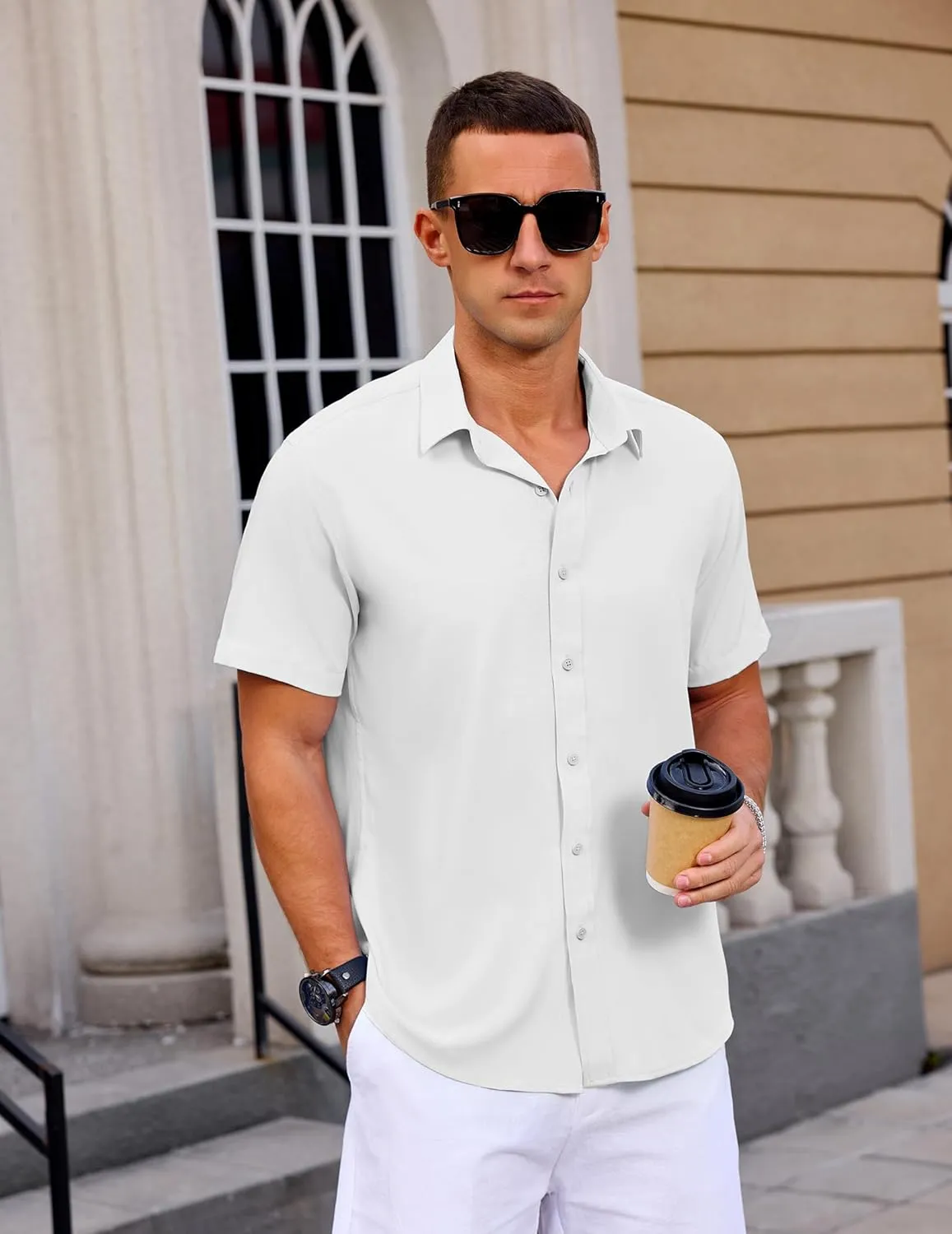 Mens Button Down Short Sleeve Shirt Casual Summer Wedding Untucked Dress Shirts