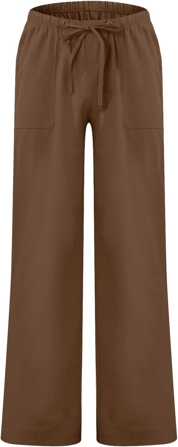 Men's Casual Cotton Linen Pants Drawstring Elastic Waist Lightweight Loose Fit Yoga Beach Trousers with Pockets