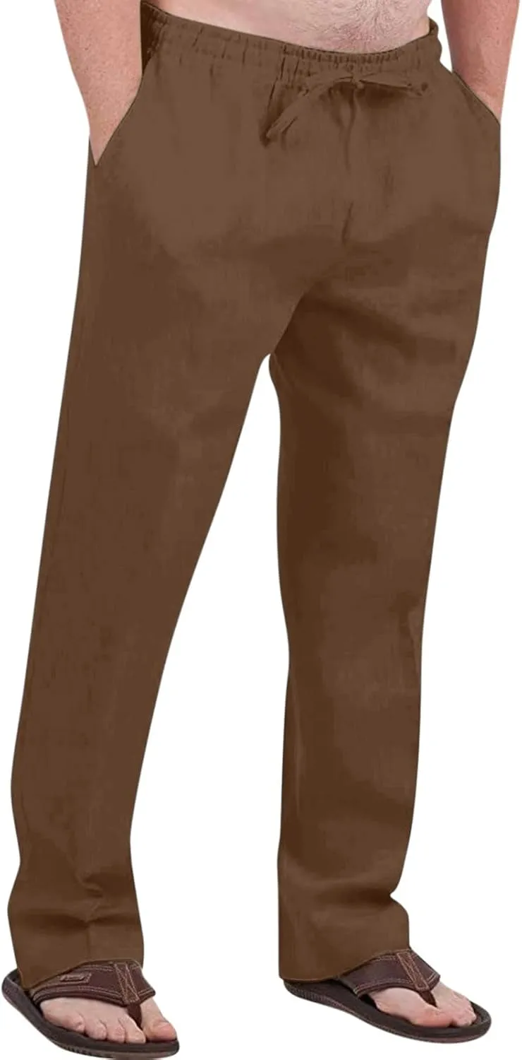 Men's Casual Cotton Linen Pants Drawstring Elastic Waist Lightweight Loose Fit Yoga Beach Trousers with Pockets