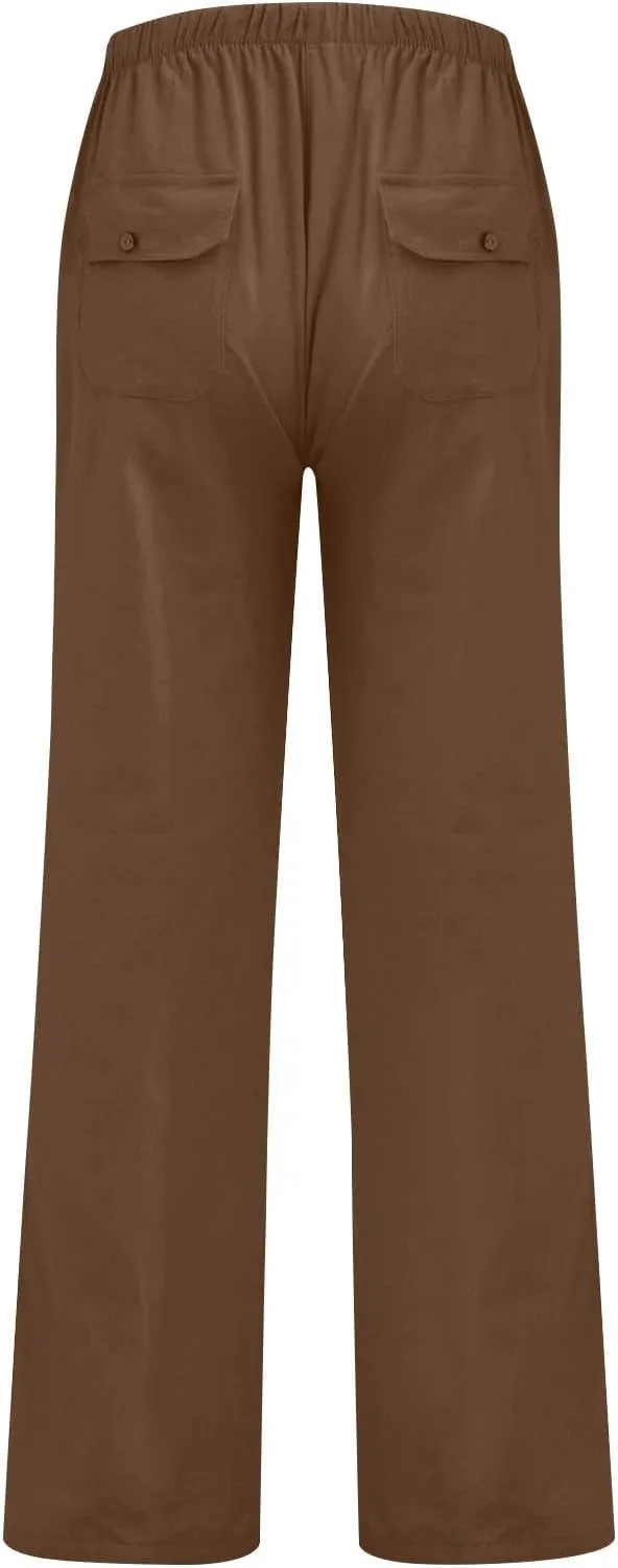 Men's Casual Cotton Linen Pants Drawstring Elastic Waist Lightweight Loose Fit Yoga Beach Trousers with Pockets