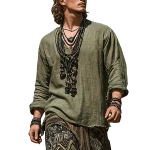 Men's Casual Vacation Cotton And Linen V Neck Long Sleeve Shirt 28542083Y