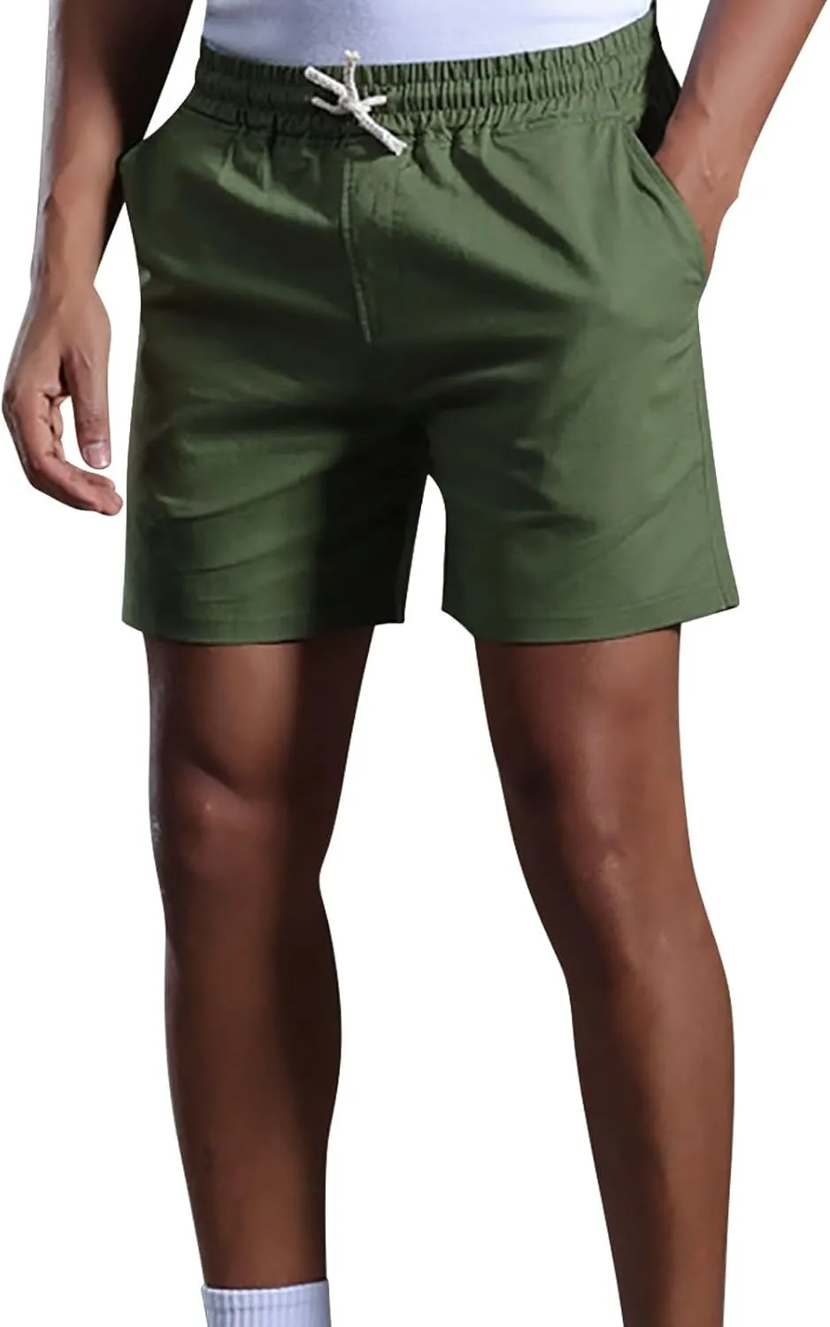Mens Cotton Linen Classic 7 Inch Shorts with Pockets Elastic Waist Drawstring Athletic Fit Lightweight Running Short for Men