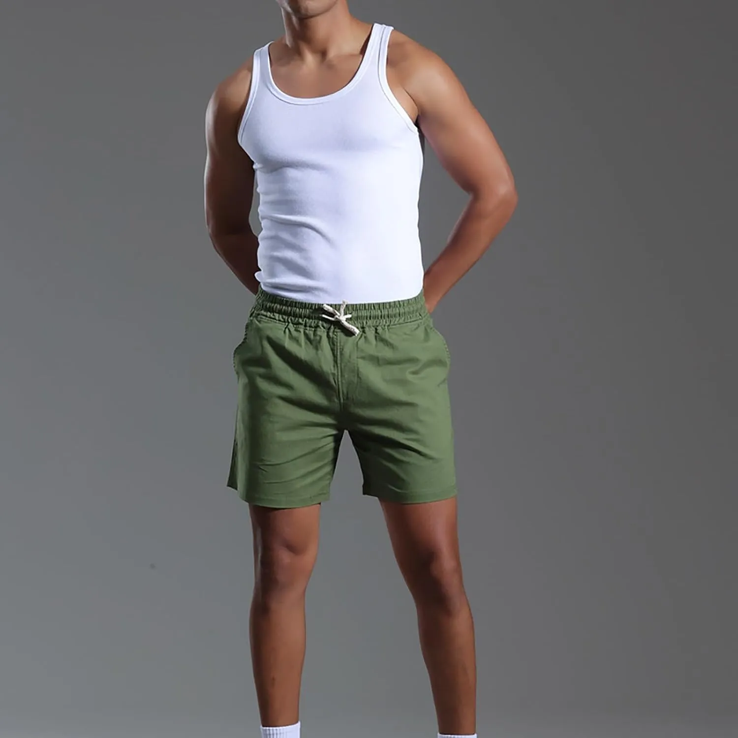 Mens Cotton Linen Classic 7 Inch Shorts with Pockets Elastic Waist Drawstring Athletic Fit Lightweight Running Short for Men