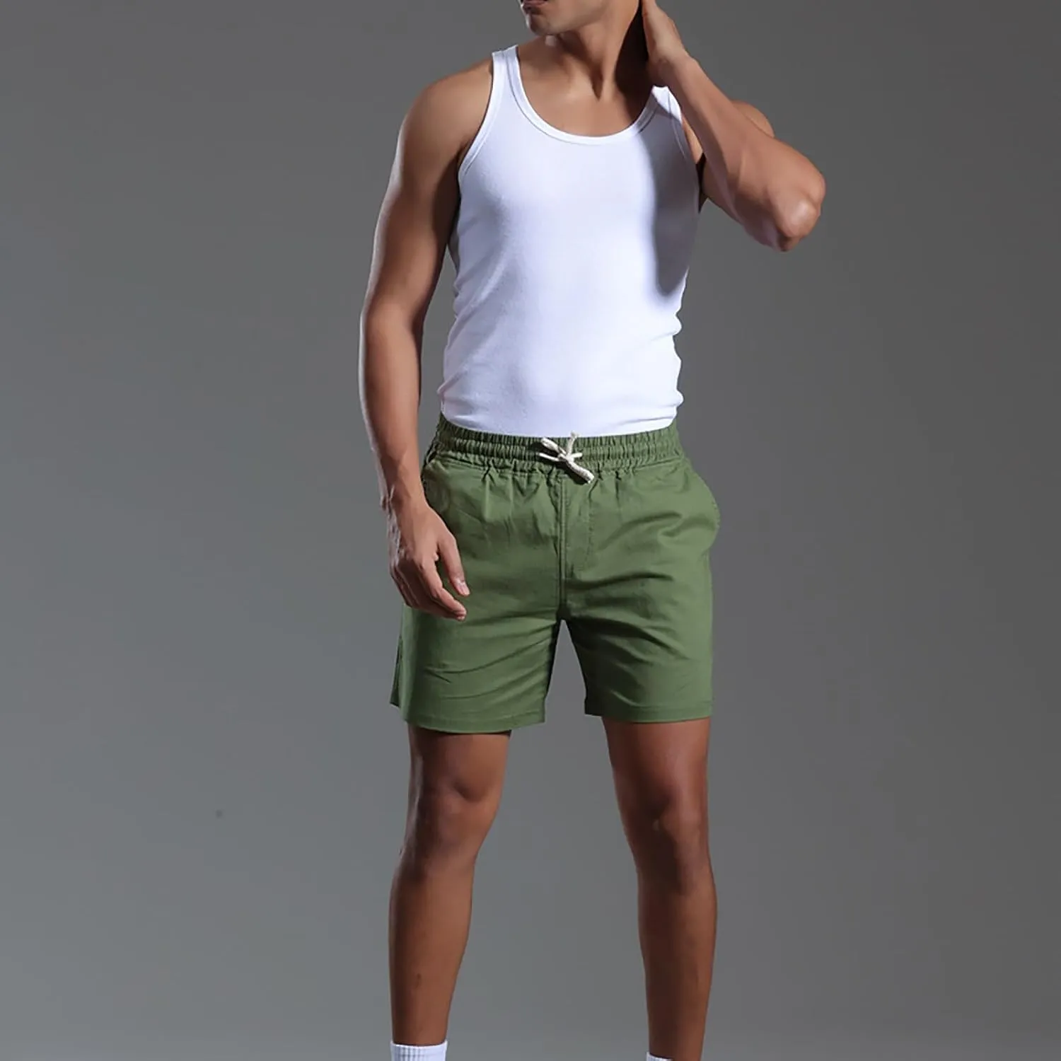 Mens Cotton Linen Classic 7 Inch Shorts with Pockets Elastic Waist Drawstring Athletic Fit Lightweight Running Short for Men
