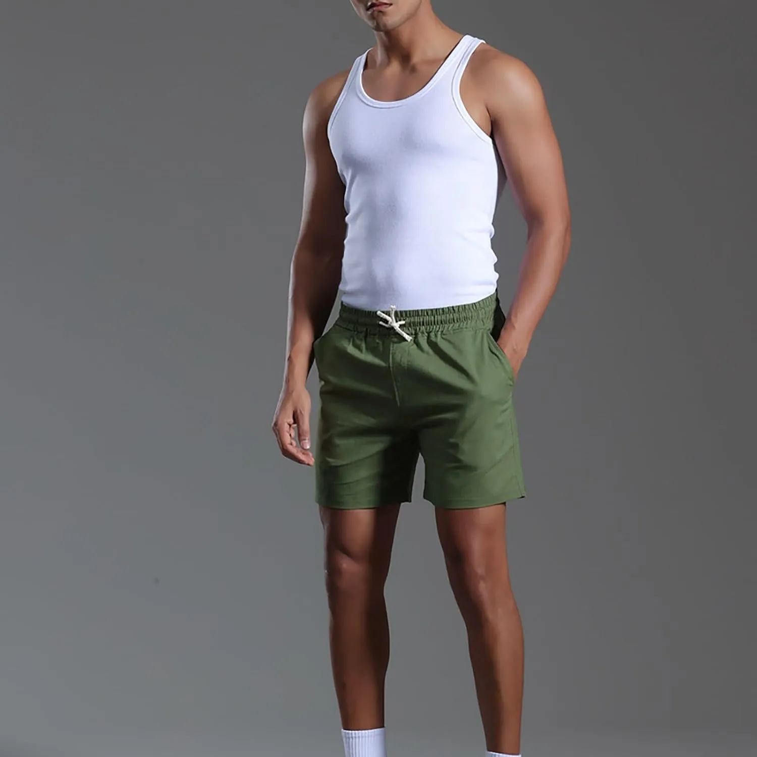 Mens Cotton Linen Classic 7 Inch Shorts with Pockets Elastic Waist Drawstring Athletic Fit Lightweight Running Short for Men