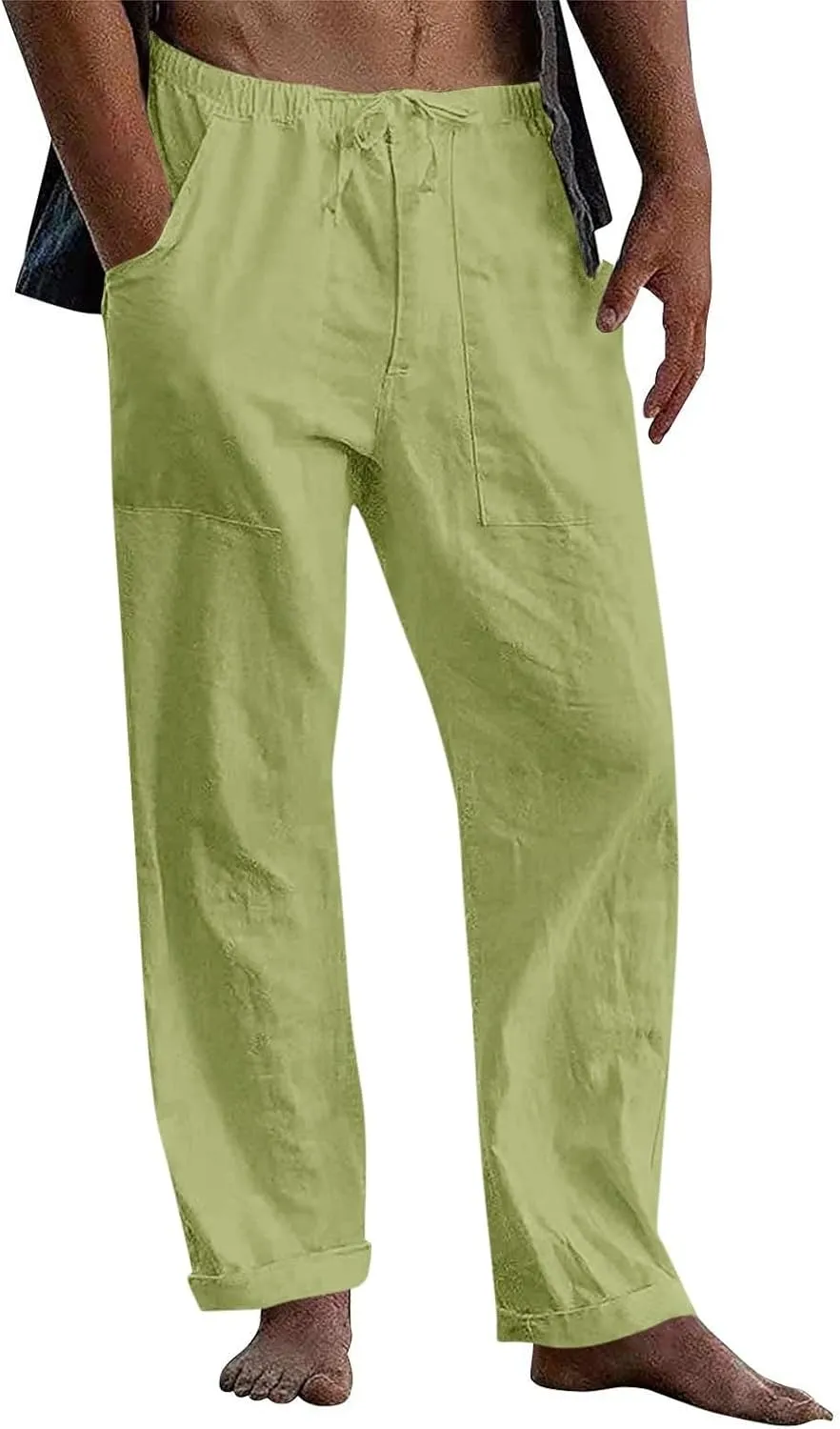 Mens Cotton Linen Pants Casual Loose Fit Summer Beach Yoga Pant Drawstring Straight-Legs Lightweight Long Trousers