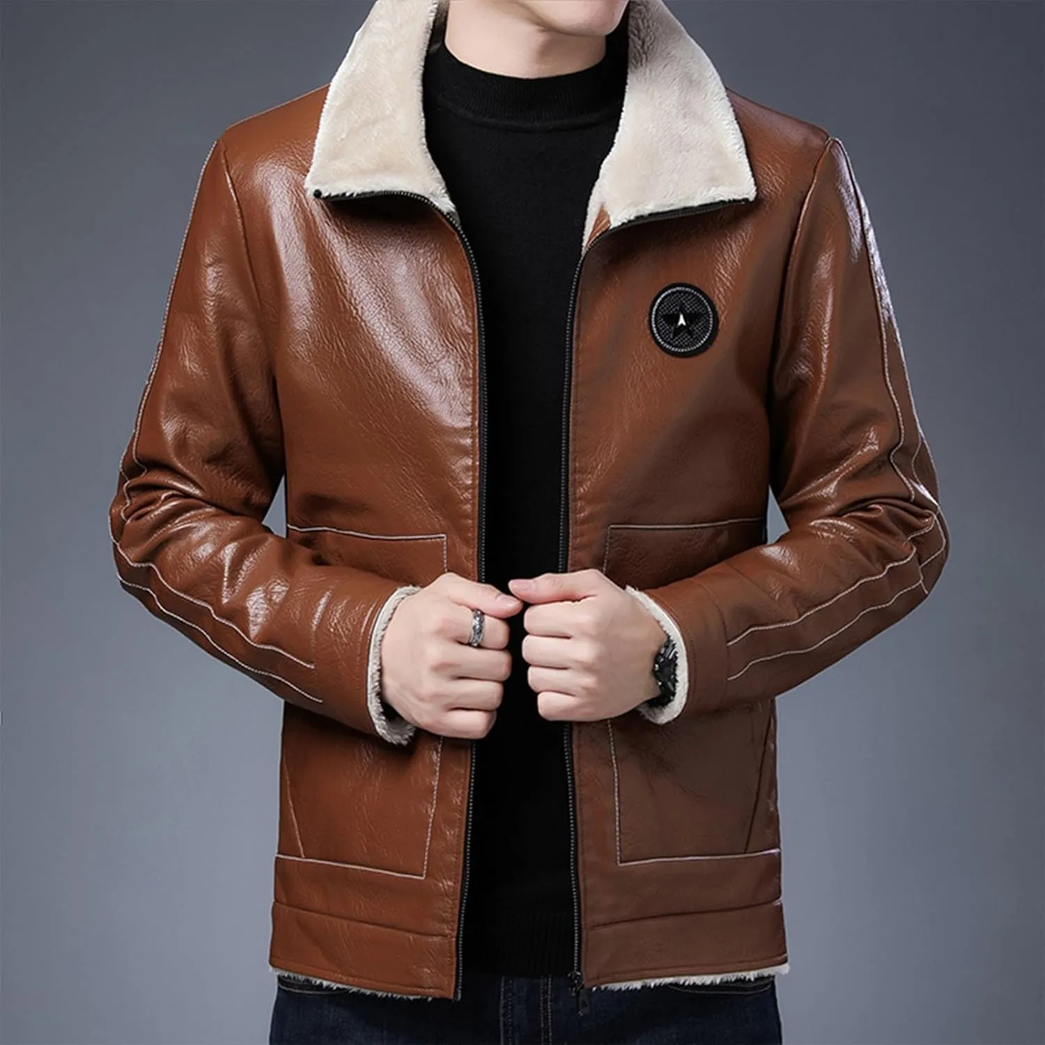 Men's Faux Leather Sherpa Lined Jacket Trucker Jackets Biker Coats Full Zip Fleece Fuzzy Motorcycle PU Winter Jacket