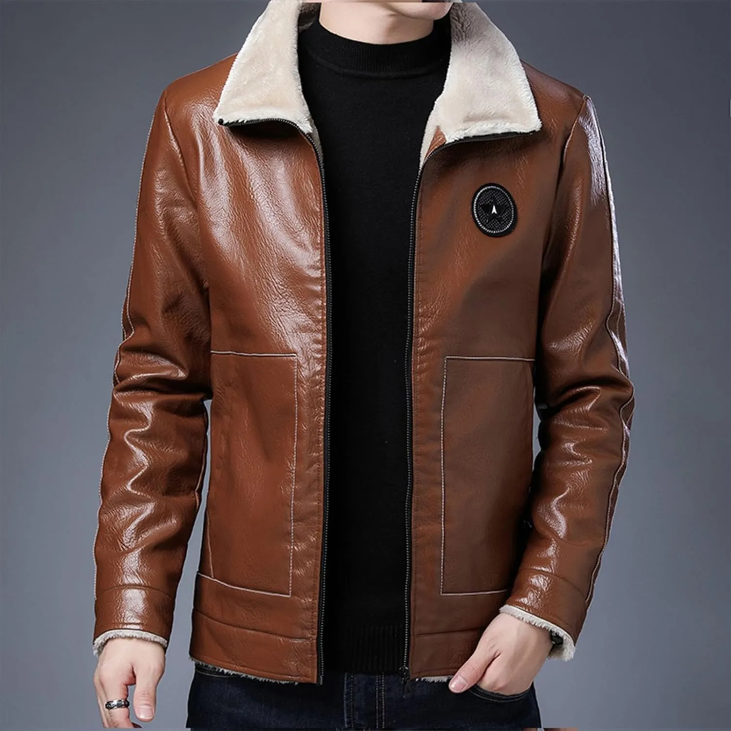 Men's Faux Leather Sherpa Lined Jacket Trucker Jackets Biker Coats Full Zip Fleece Fuzzy Motorcycle PU Winter Jacket