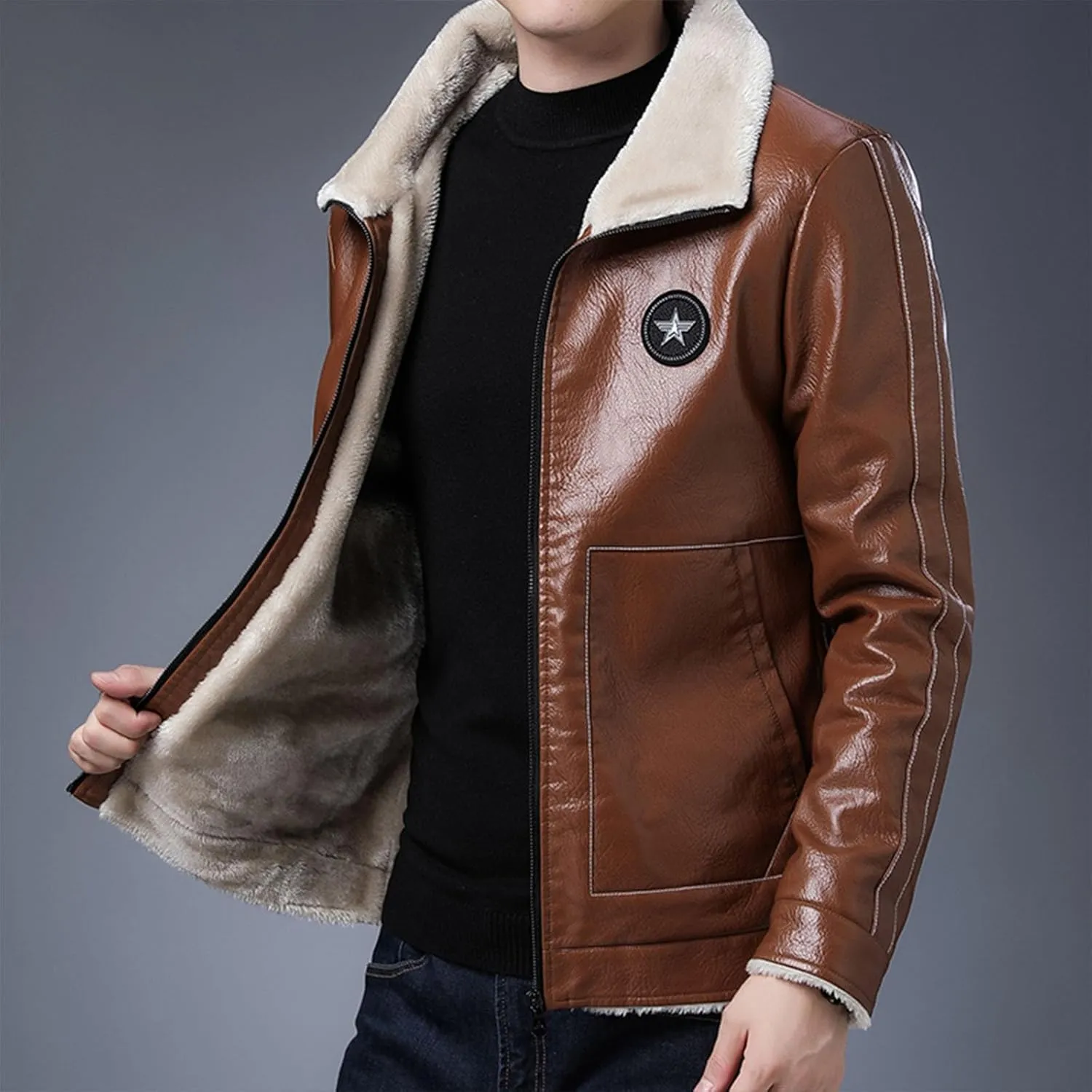 Men's Faux Leather Sherpa Lined Jacket Trucker Jackets Biker Coats Full Zip Fleece Fuzzy Motorcycle PU Winter Jacket