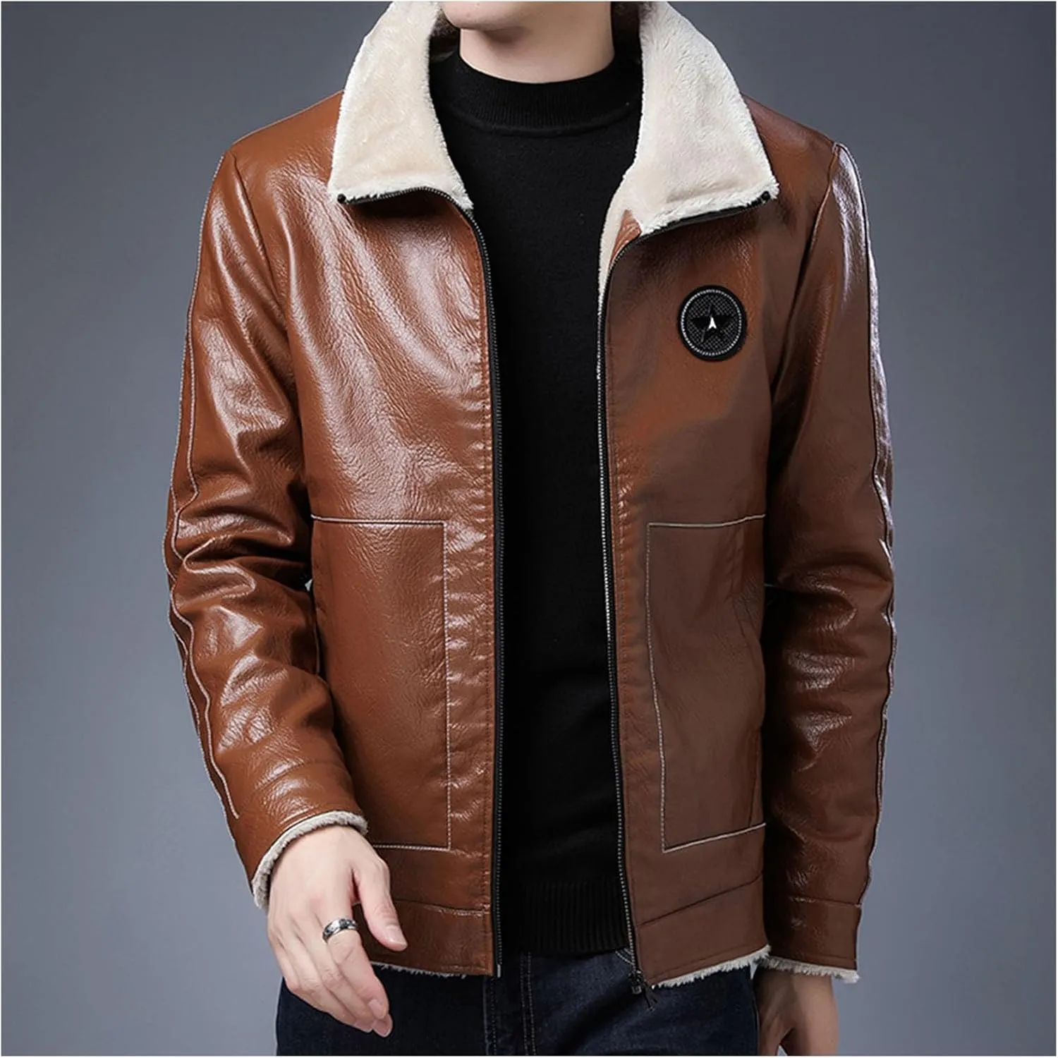 Men's Faux Leather Sherpa Lined Jacket Trucker Jackets Biker Coats Full Zip Fleece Fuzzy Motorcycle PU Winter Jacket