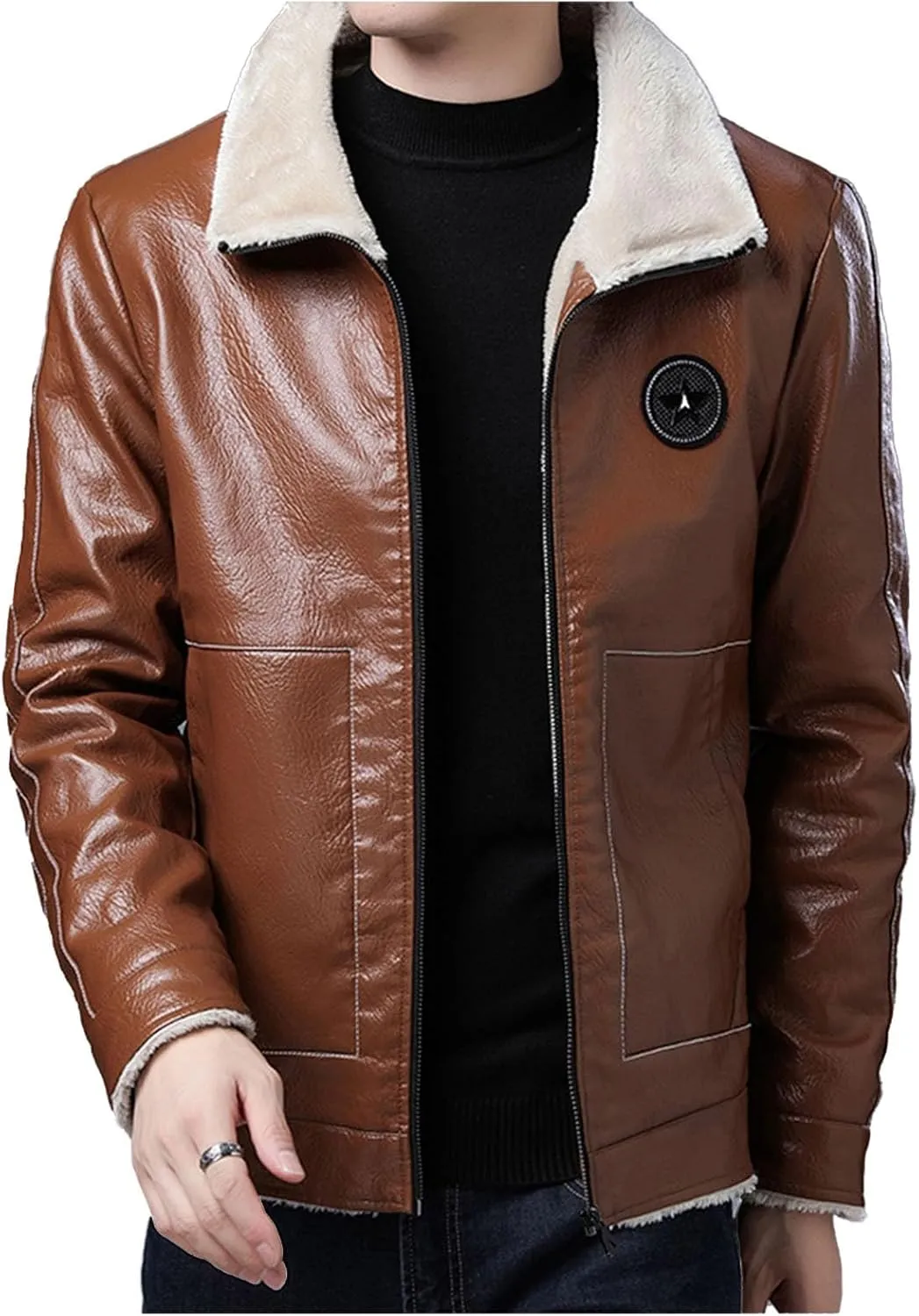 Men's Faux Leather Sherpa Lined Jacket Trucker Jackets Biker Coats Full Zip Fleece Fuzzy Motorcycle PU Winter Jacket