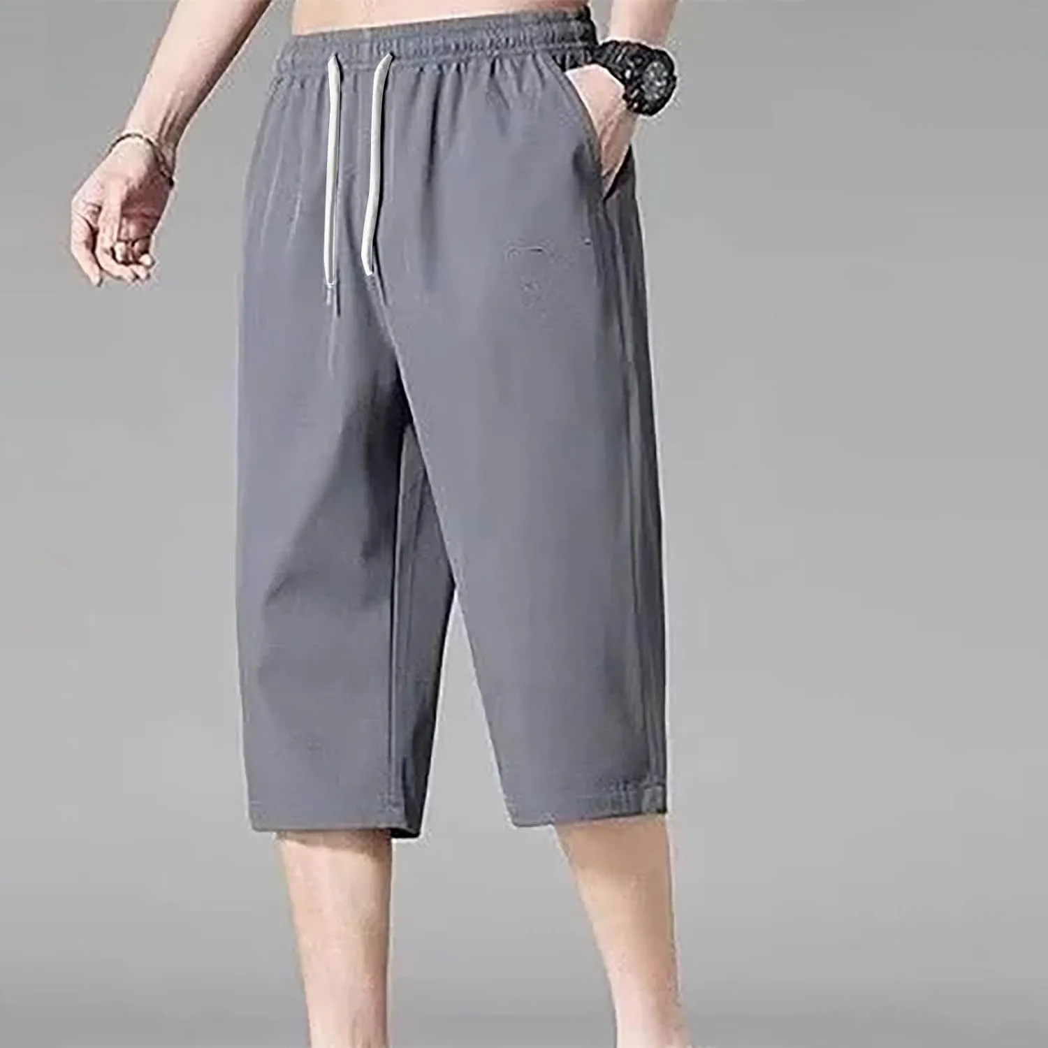 Mens Harem Capri Pants Casual Dressy 3/4 Shorts Elastic Waist Beach Hippie Yoga Trousers with Multi Pockets Pants