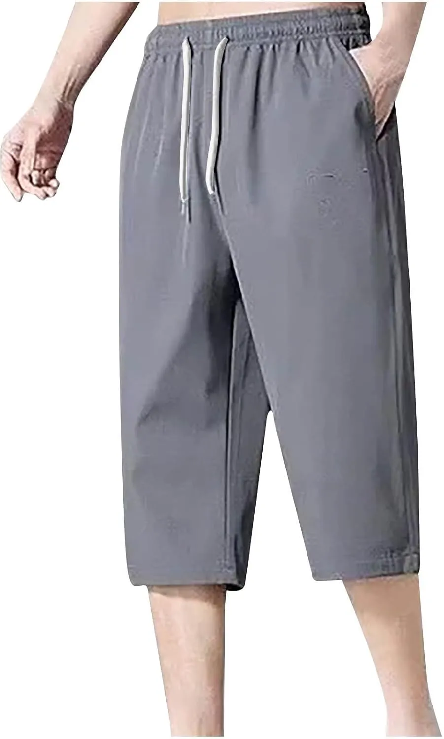 Mens Harem Capri Pants Casual Dressy 3/4 Shorts Elastic Waist Beach Hippie Yoga Trousers with Multi Pockets Pants