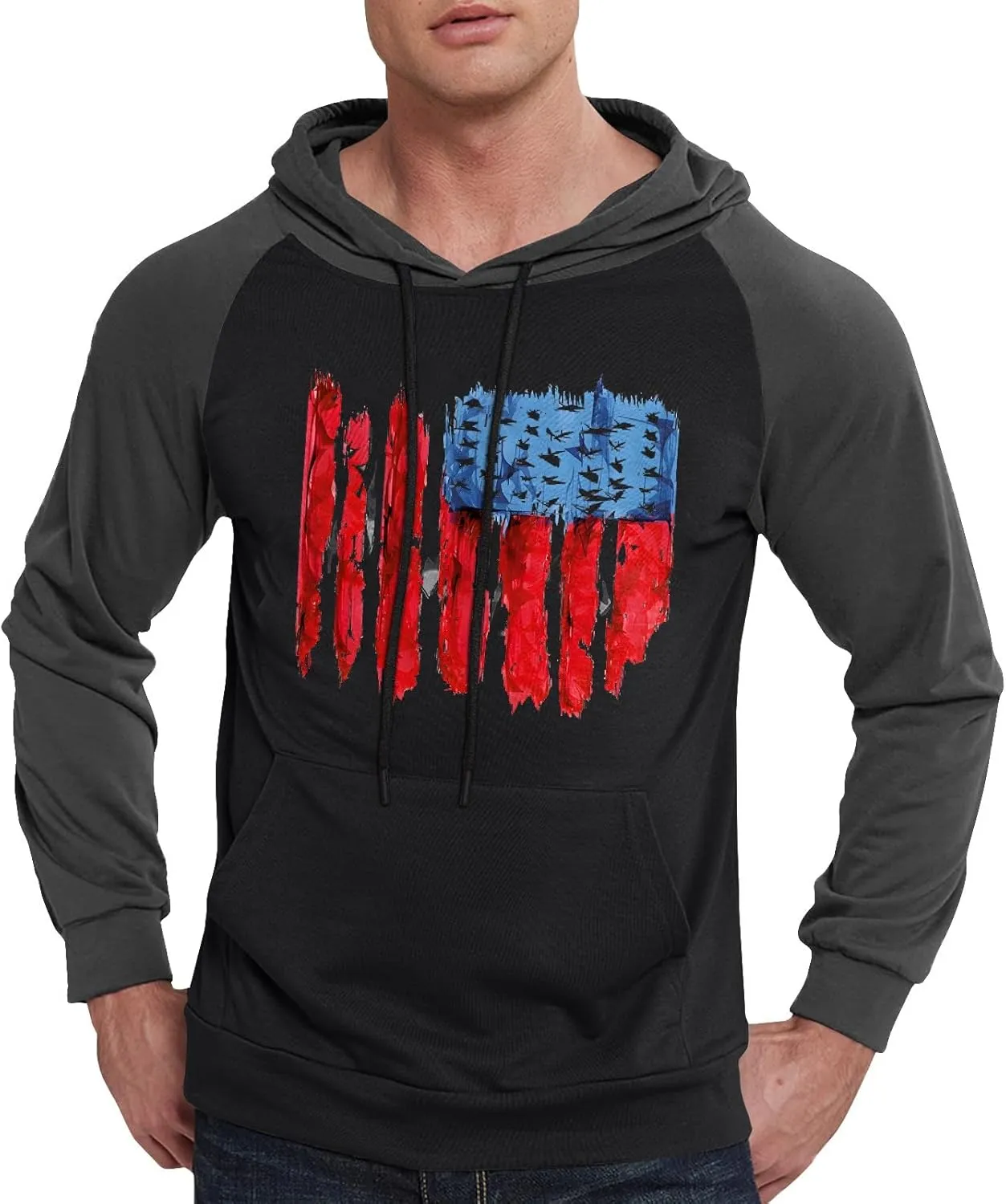 Mens Hoodies Pullover For Fashion Flag Print Sport Drawstring Causal With Pockets Long Sleeve Sweatshirts