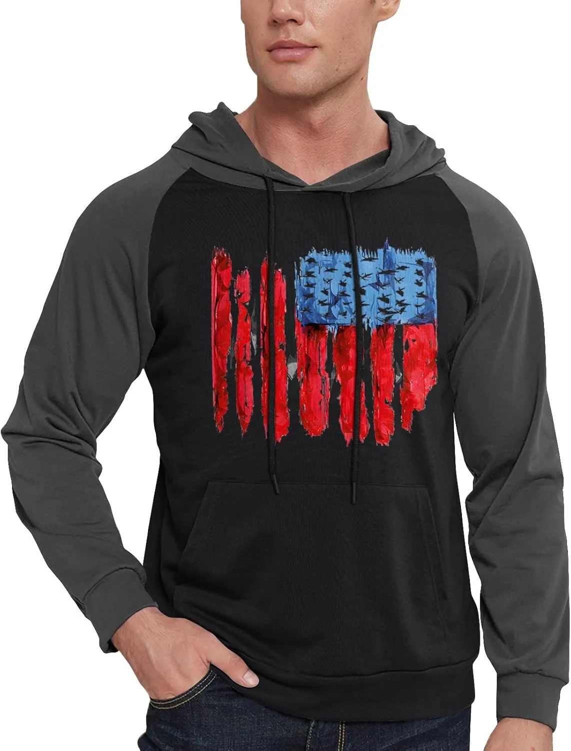 Mens Hoodies Pullover For Fashion Flag Print Sport Drawstring Causal With Pockets Long Sleeve Sweatshirts