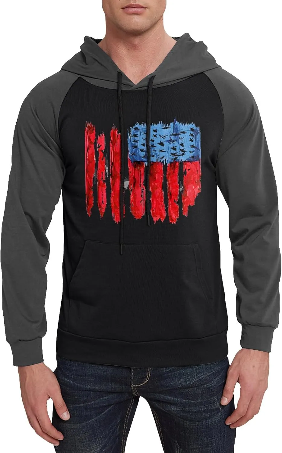 Mens Hoodies Pullover For Fashion Flag Print Sport Drawstring Causal With Pockets Long Sleeve Sweatshirts