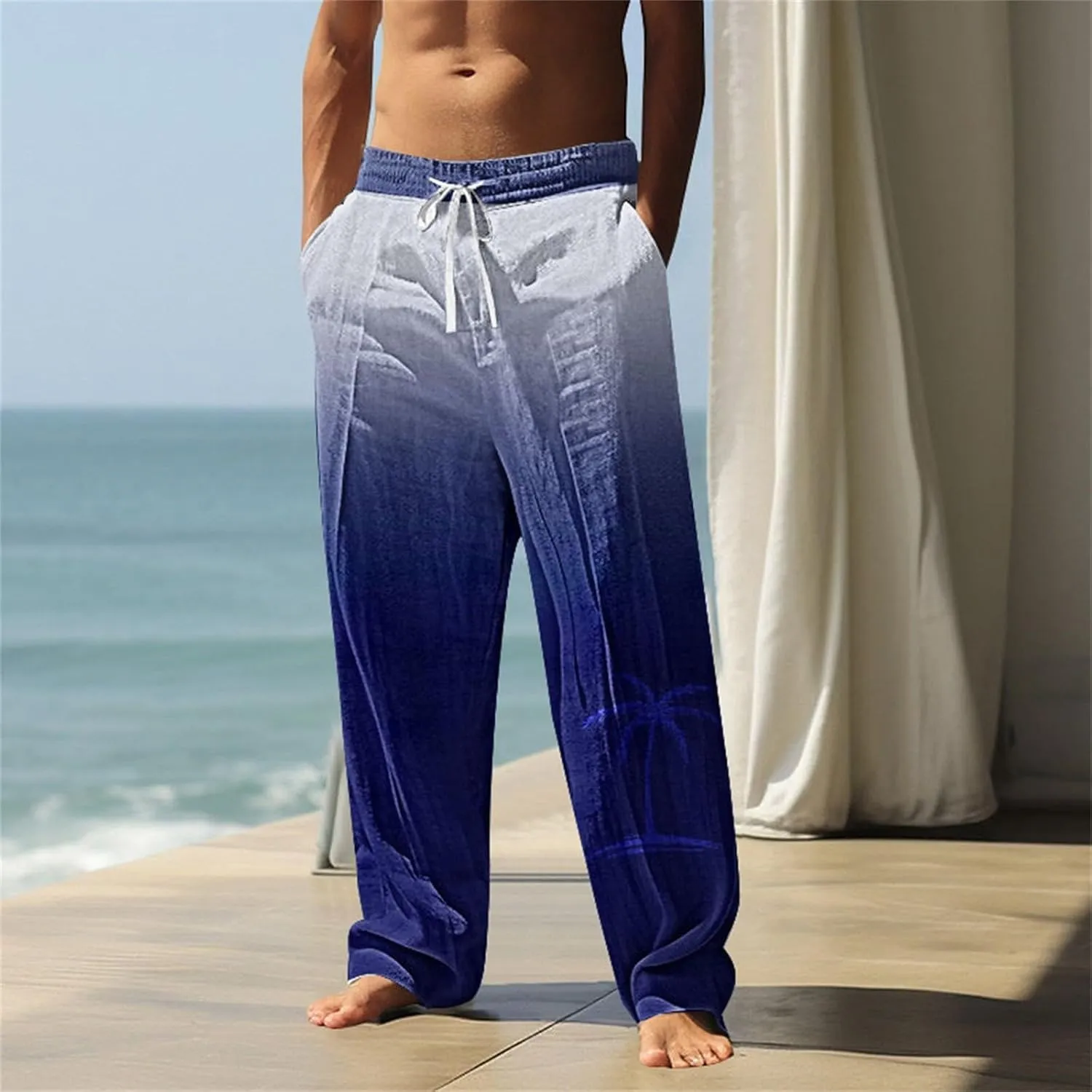 Mens Linen Beach Pants Casual Drawstring Vacation Coconut Tree Graphic Print Pant Pockets Summer Lightweight Trousers