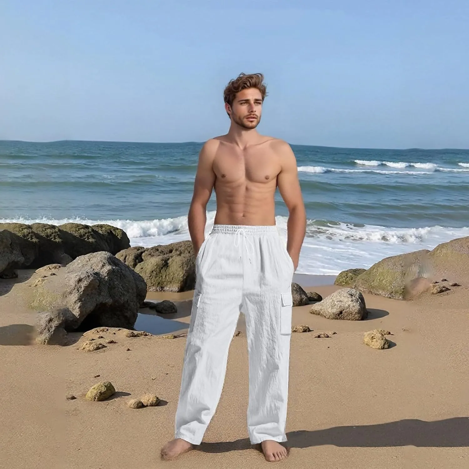 Mens Linen Cargo Pants Summer Vacation Lightweight Drawstring Pant Elastic Waist Beach Yoga Trousers with Pockets