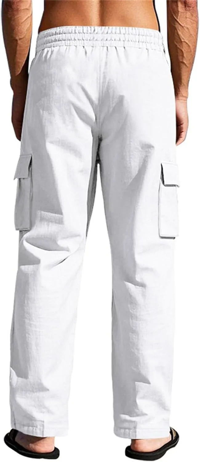 Mens Linen Cargo Pants Summer Vacation Lightweight Drawstring Pant Elastic Waist Beach Yoga Trousers with Pockets