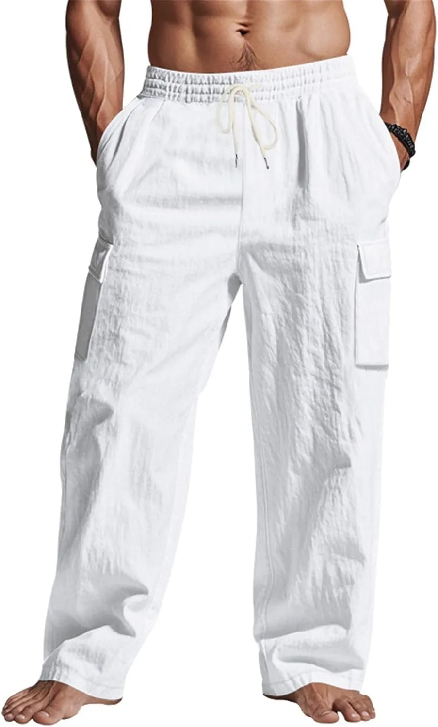 Mens Linen Cargo Pants Summer Vacation Lightweight Drawstring Pant Elastic Waist Beach Yoga Trousers with Pockets