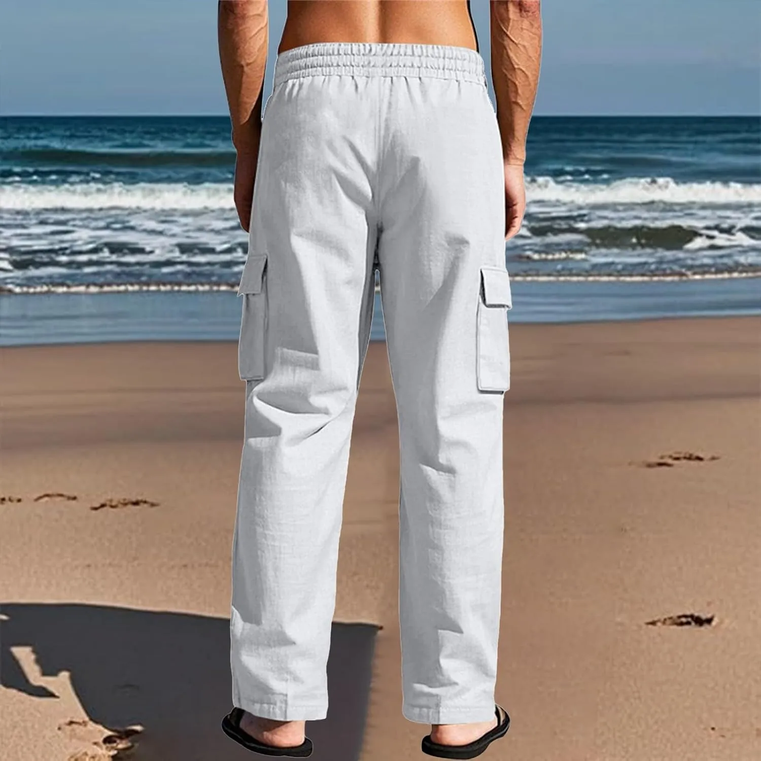 Mens Linen Cargo Pants Summer Vacation Lightweight Drawstring Pant Elastic Waist Beach Yoga Trousers with Pockets