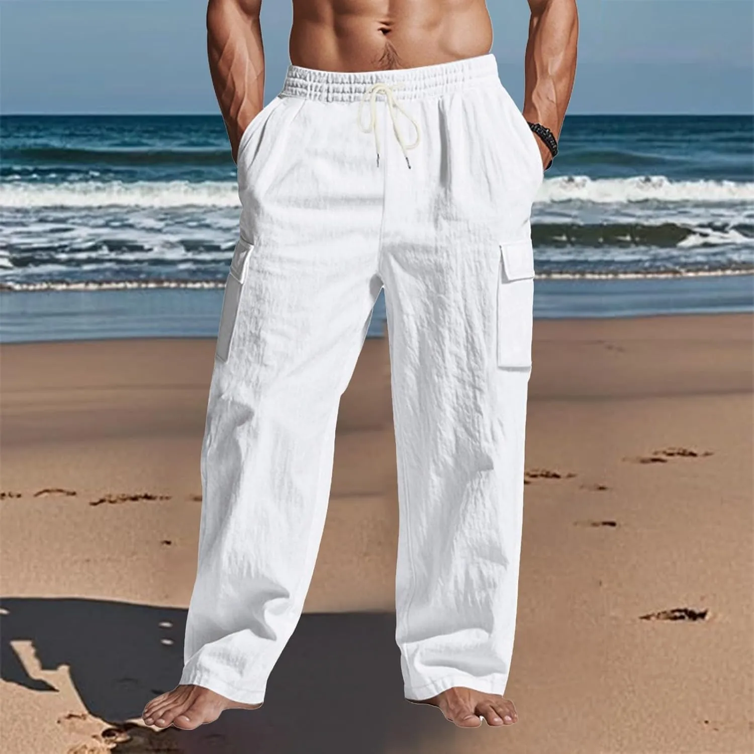 Mens Linen Cargo Pants Summer Vacation Lightweight Drawstring Pant Elastic Waist Beach Yoga Trousers with Pockets