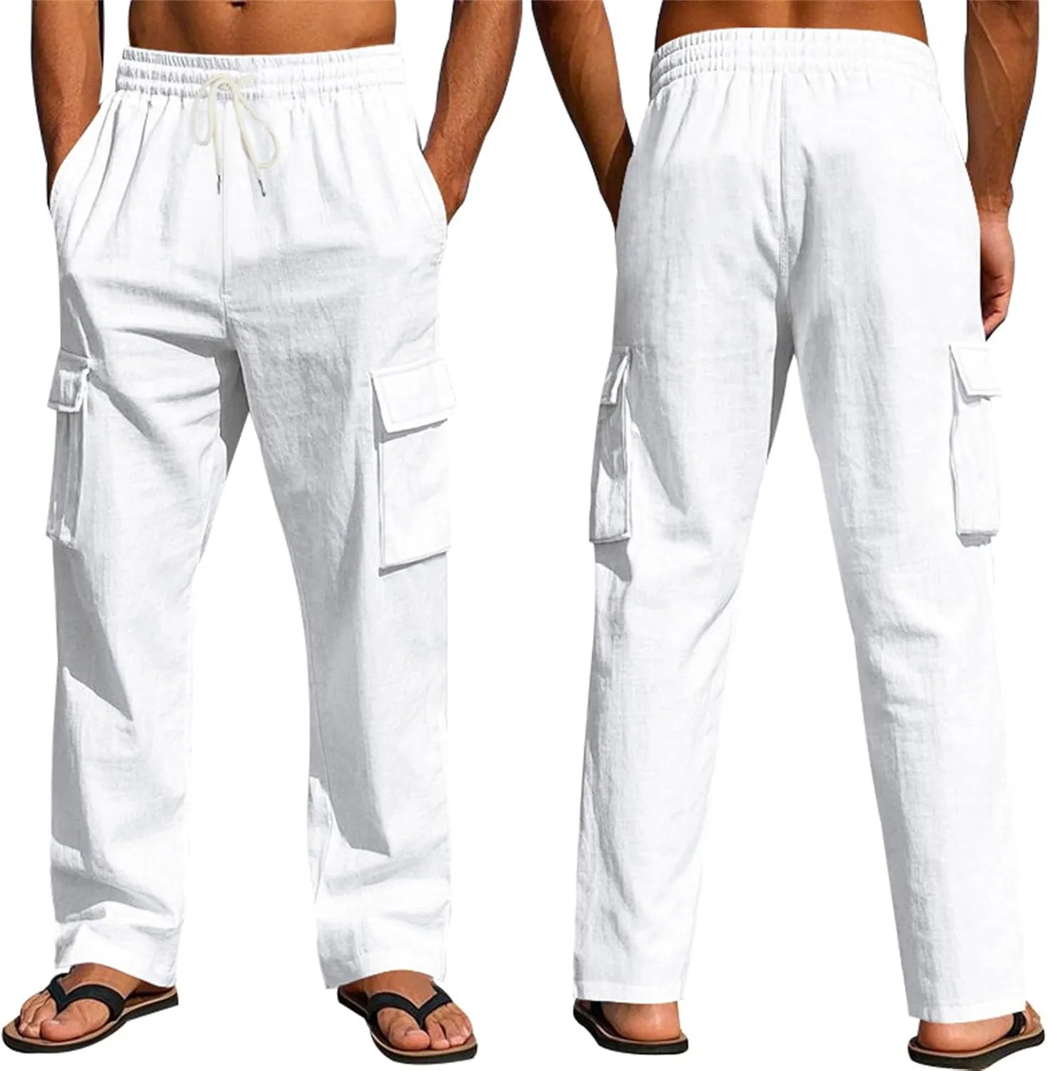 Mens Linen Cargo Pants Summer Vacation Lightweight Drawstring Pant Elastic Waist Beach Yoga Trousers with Pockets