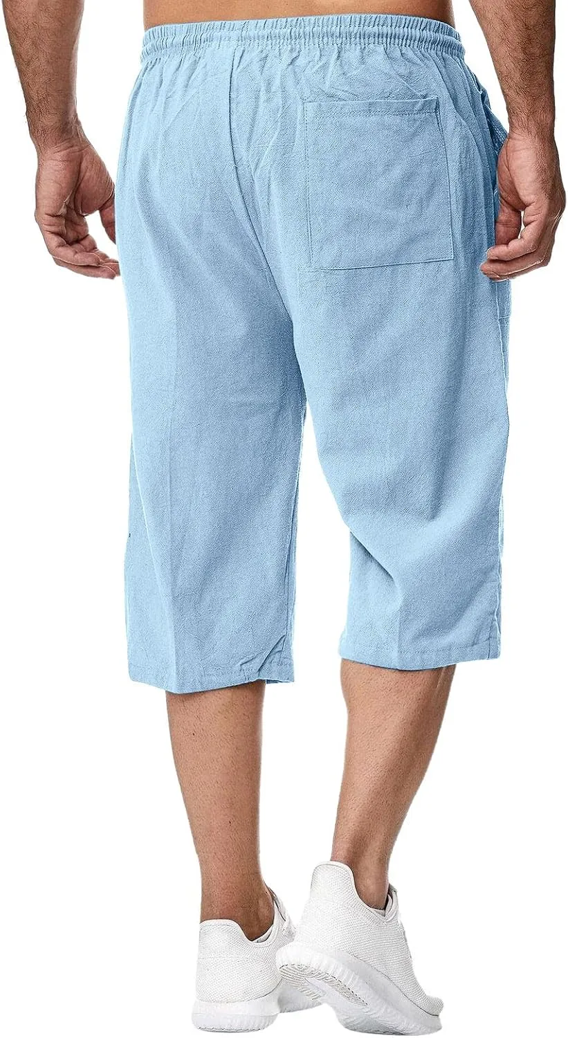 Mens Linen Harem Capri Pants Elastic Waist Drawstring Casual 3/4 Baggy Shorts Summer Sport Stretch Pants with Pockets