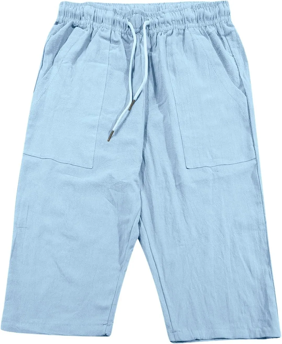 Mens Linen Harem Capri Pants Elastic Waist Drawstring Casual 3/4 Baggy Shorts Summer Sport Stretch Pants with Pockets