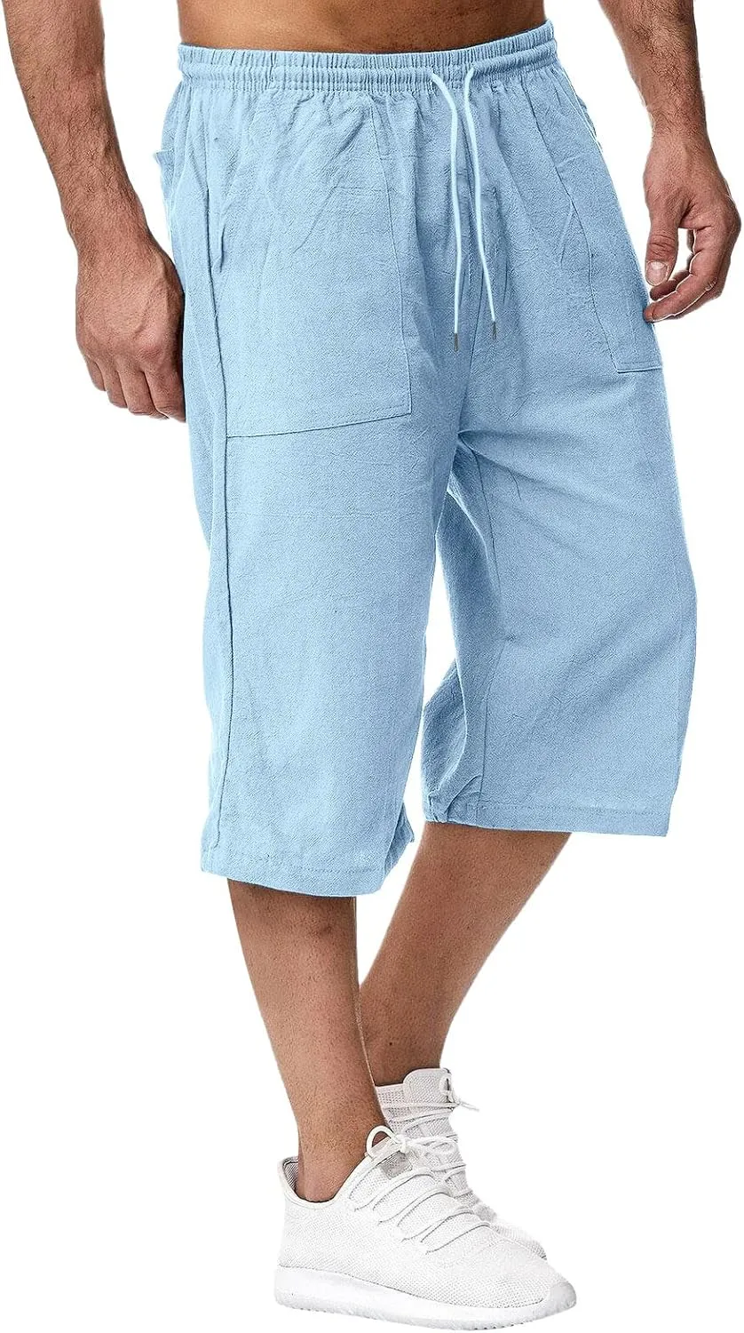 Mens Linen Harem Capri Pants Elastic Waist Drawstring Casual 3/4 Baggy Shorts Summer Sport Stretch Pants with Pockets