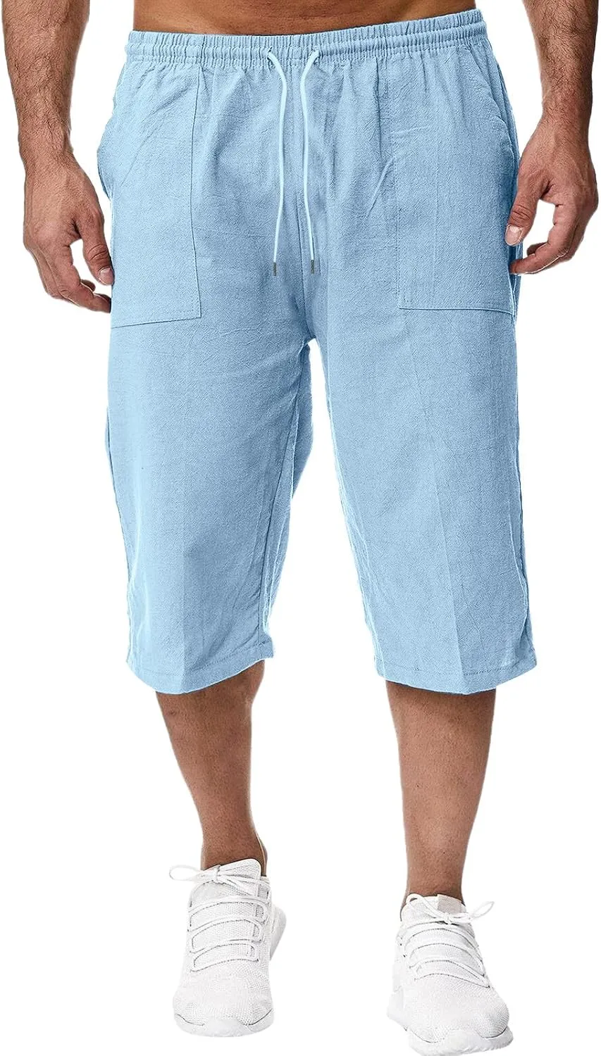 Mens Linen Harem Capri Pants Elastic Waist Drawstring Casual 3/4 Baggy Shorts Summer Sport Stretch Pants with Pockets