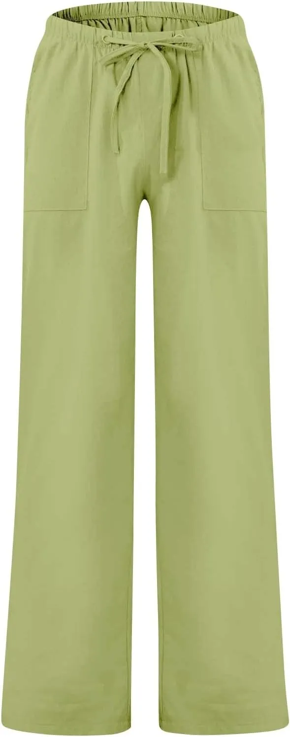 Men's Linen Pants Casual Drawstring Elastic Waist Loose Fit Pant Beach Summer Lightweight Yoga Trousers with Pockets