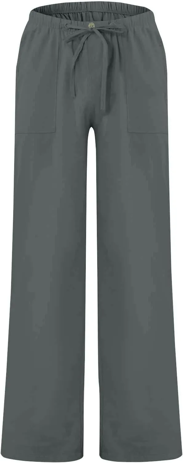 Men's Linen Pants Casual Drawstring Elastic Waist Loose Fit Pant Beach Summer Lightweight Yoga Trousers with Pockets