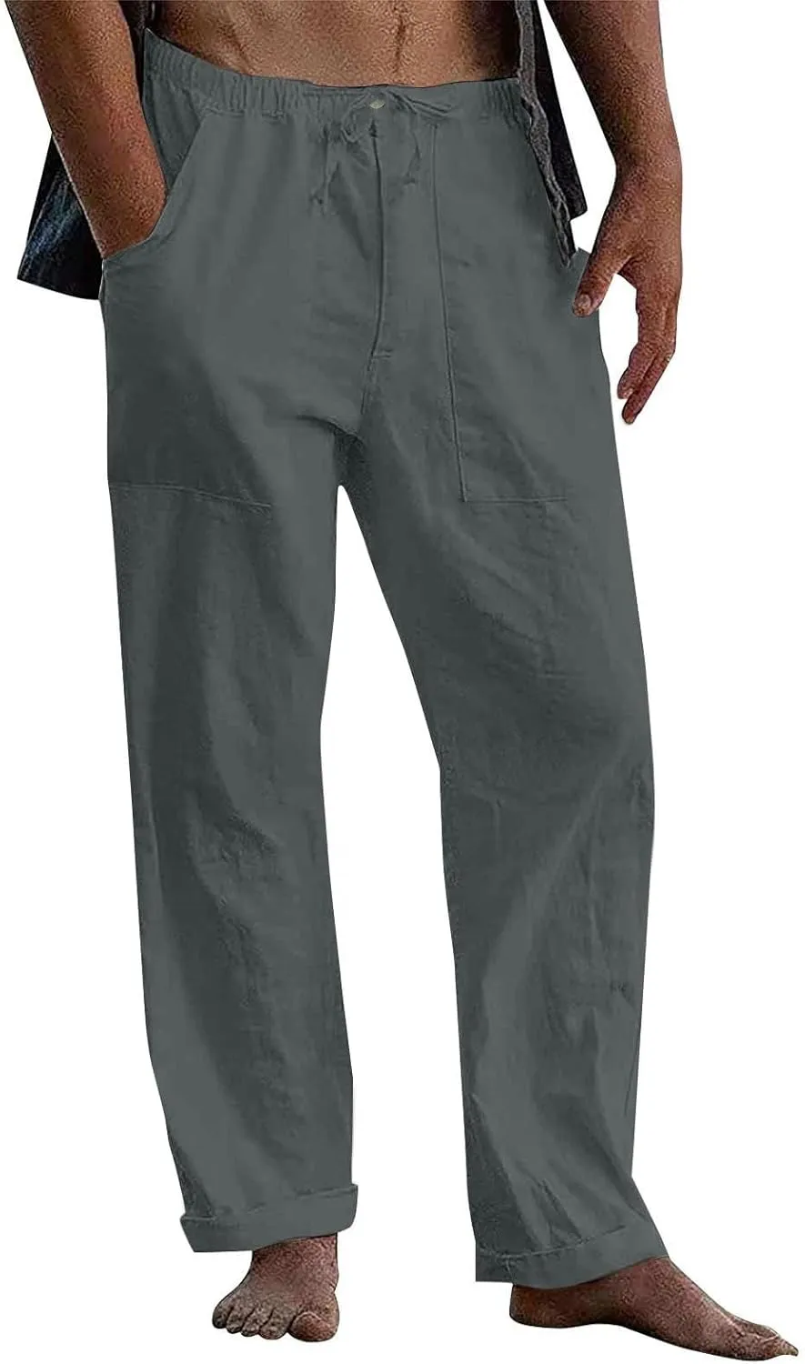 Men's Linen Pants Casual Drawstring Elastic Waist Loose Fit Pant Beach Summer Lightweight Yoga Trousers with Pockets